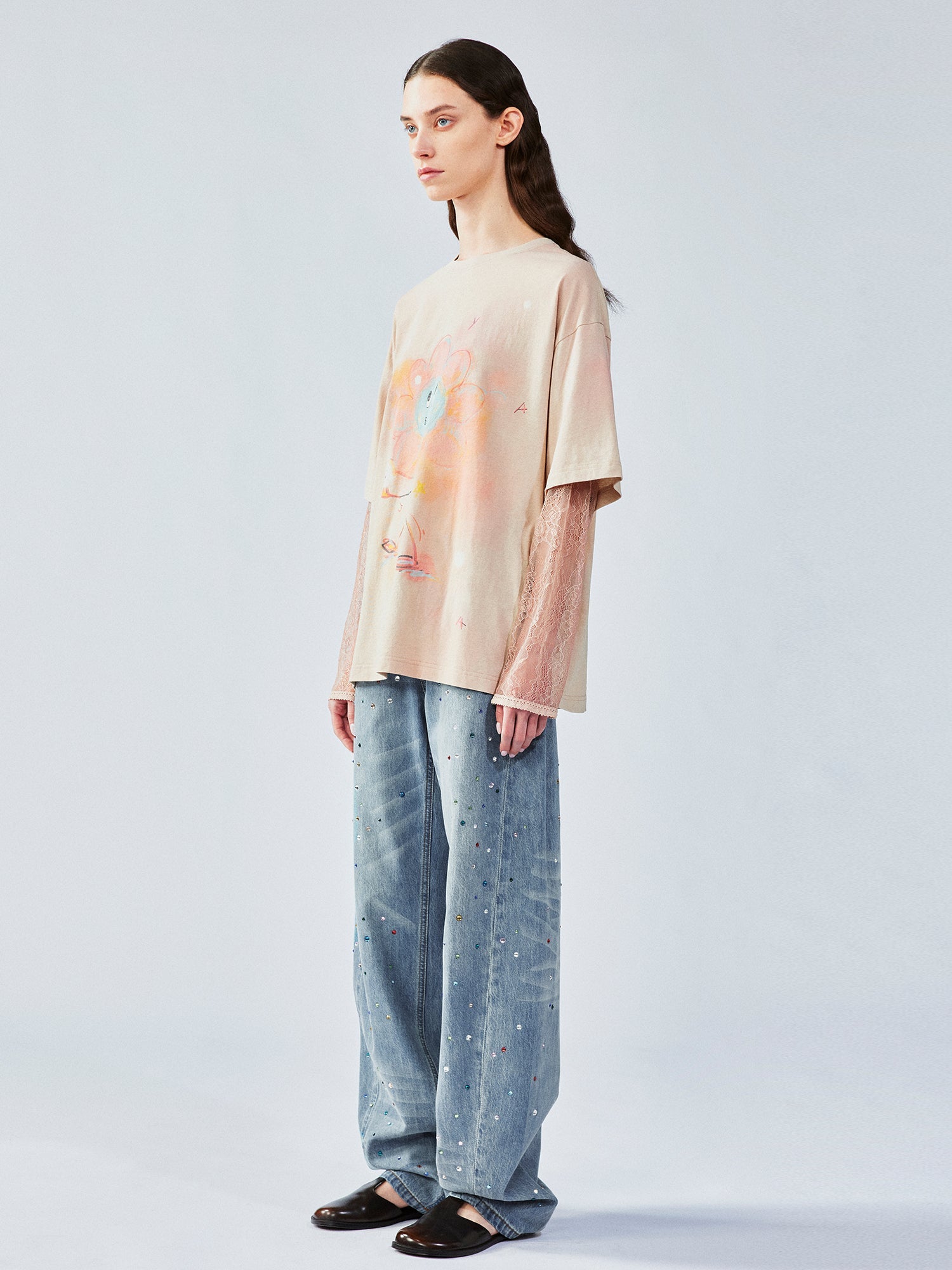 Lace layered dandelion print tee