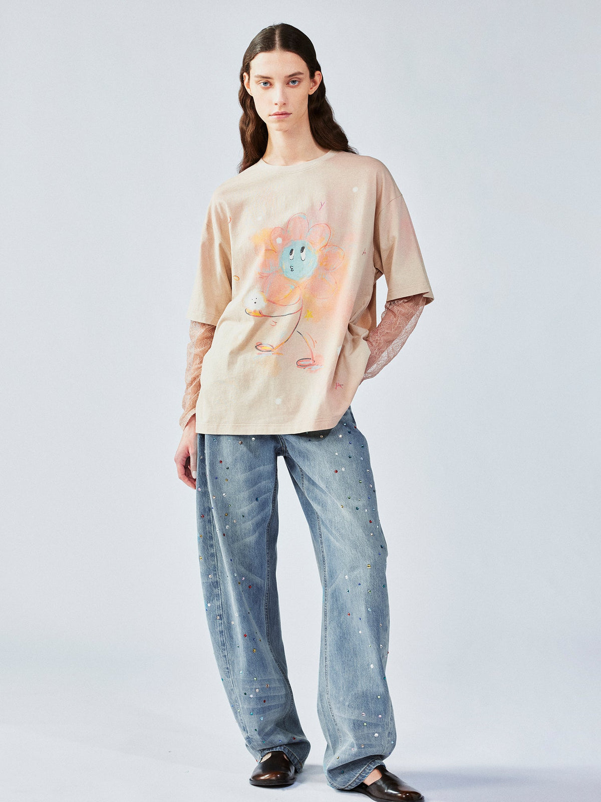 Lace layered dandelion print tee