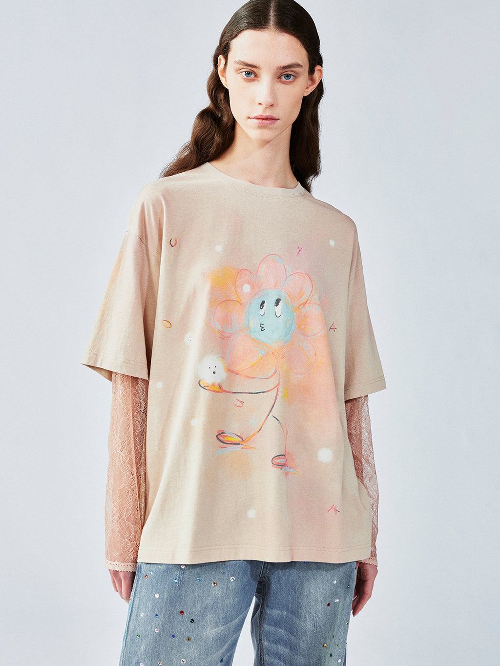 Lace layered dandelion print tee