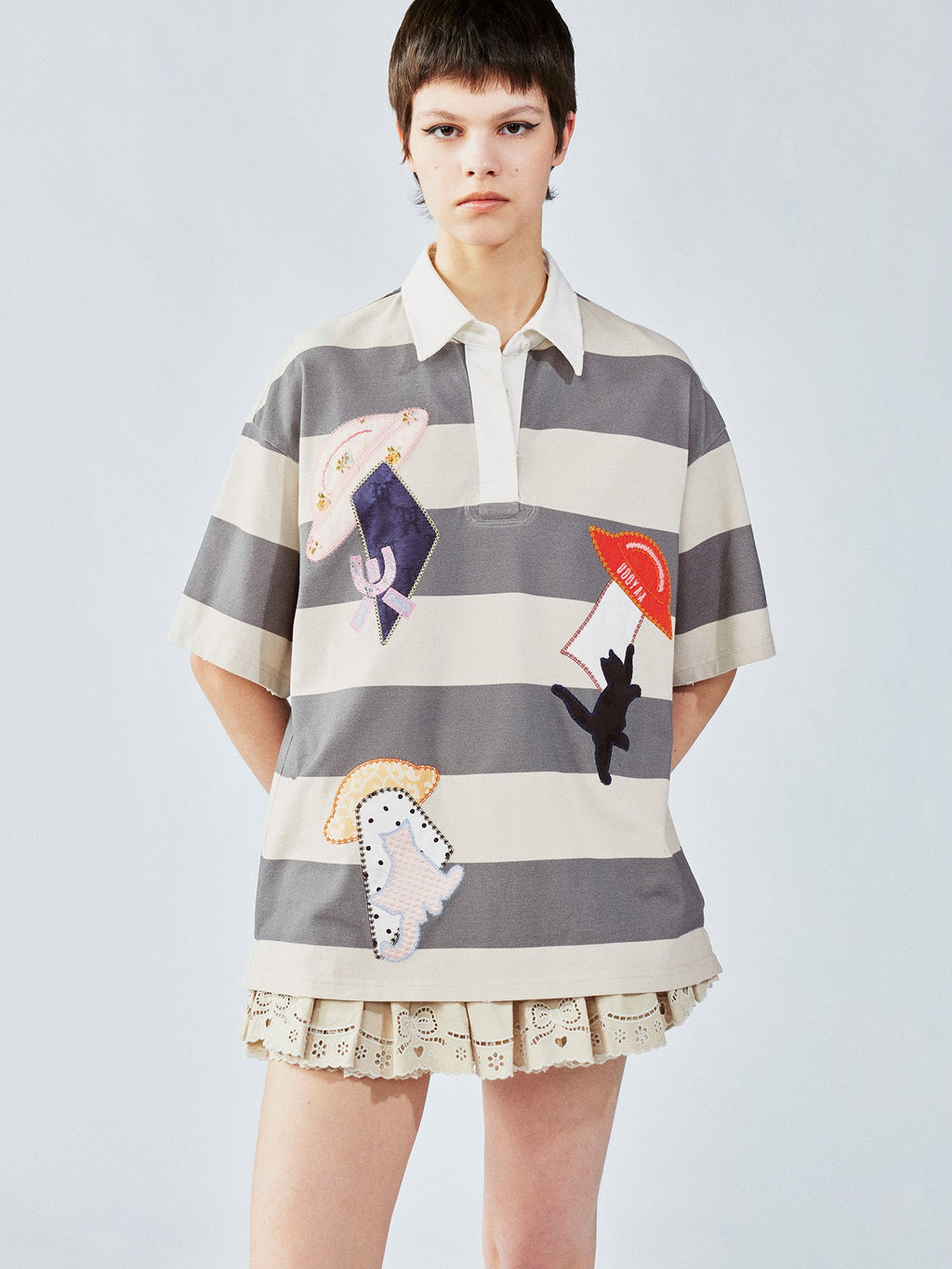 UFO cat appliqué polo tee