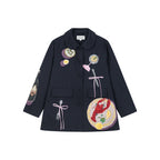 Padded jacket with love and food appliqué embroidery