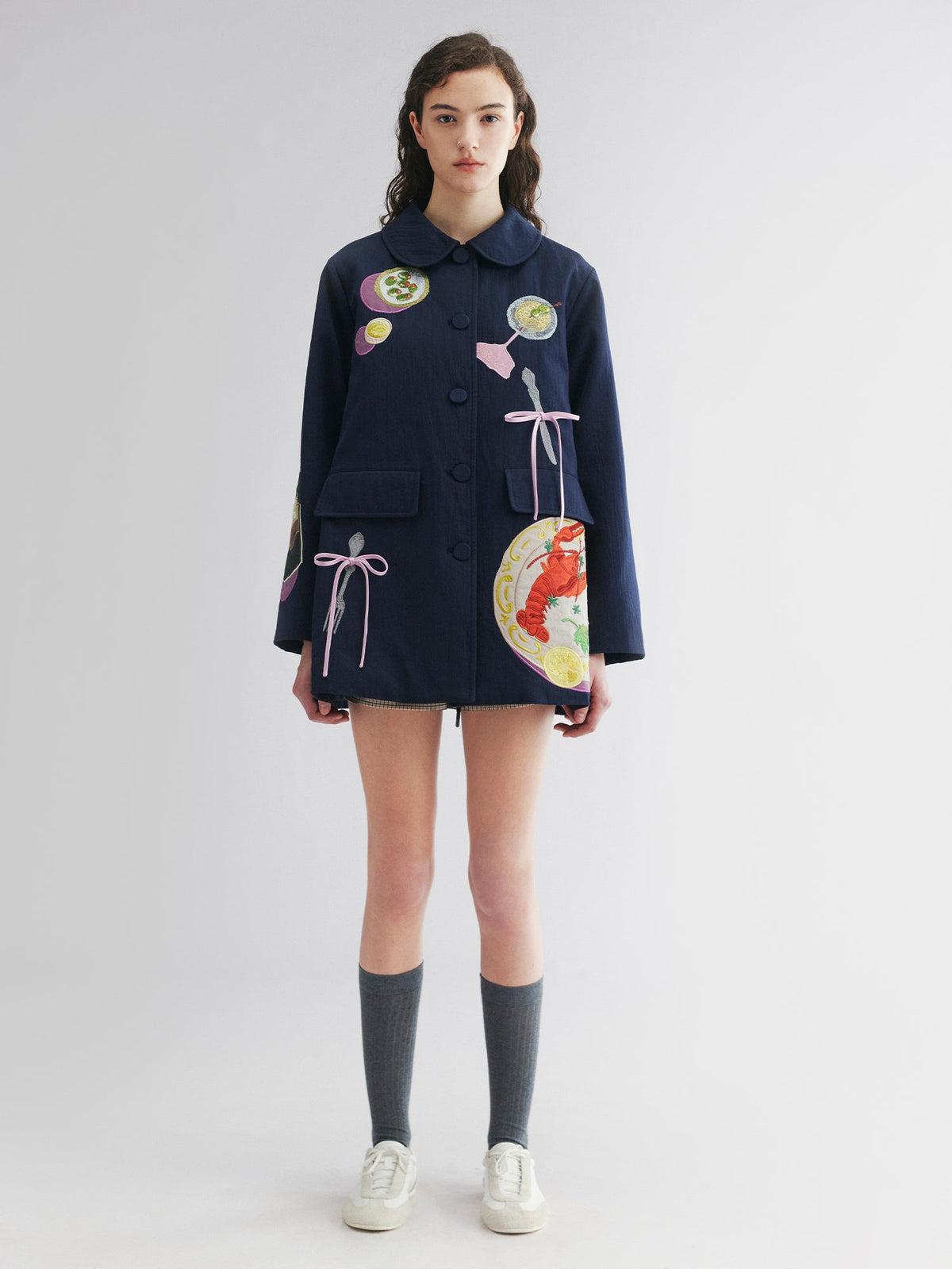 Padded jacket with love and food appliqué embroidery