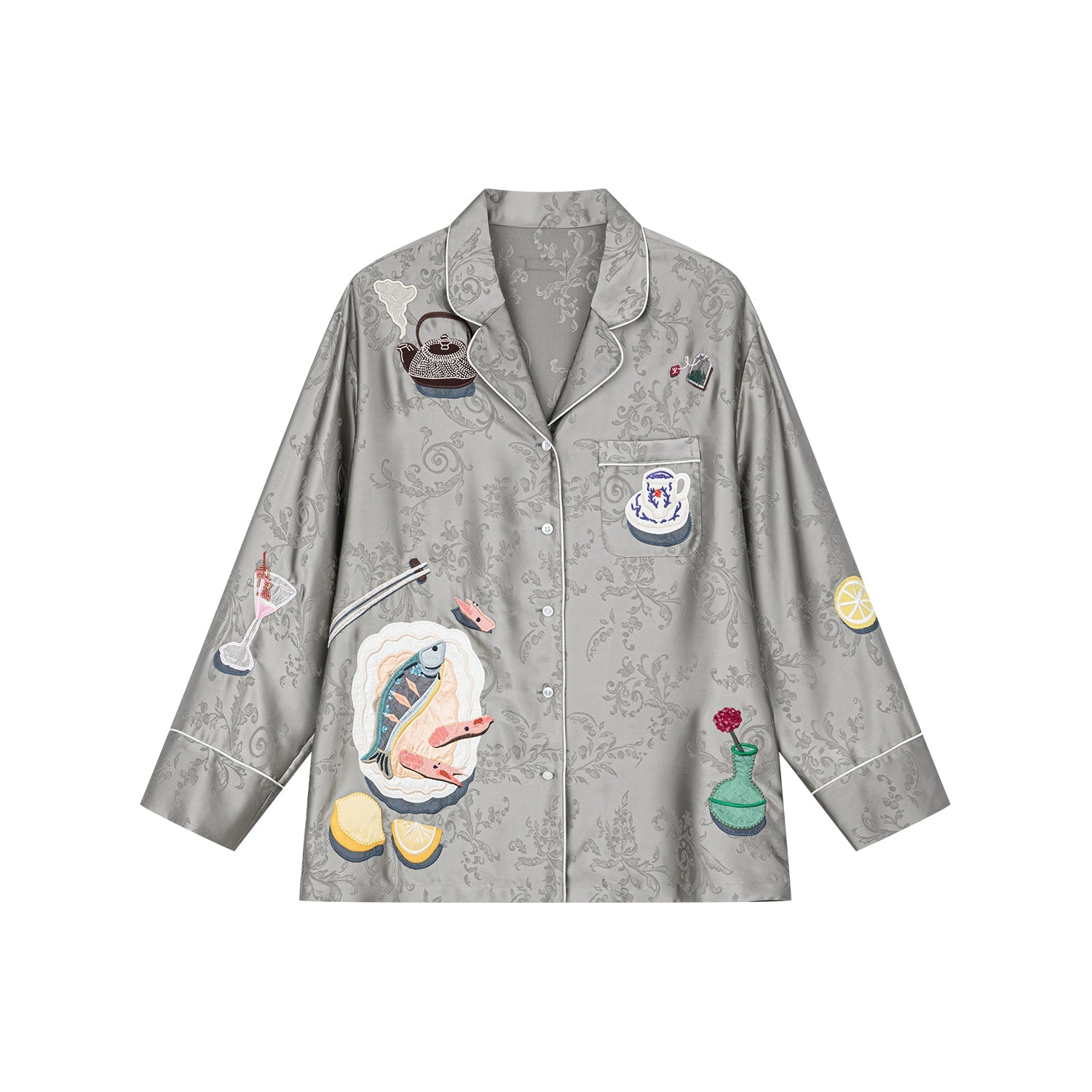 Seafood & tea graphic pajama-style shirt