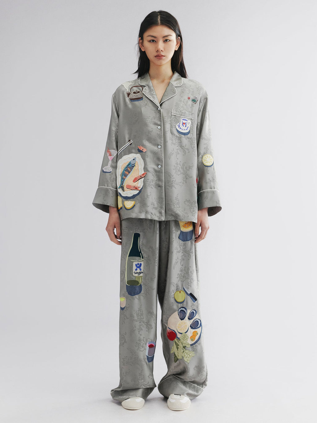Seafood & tea graphic pajama-style shirt