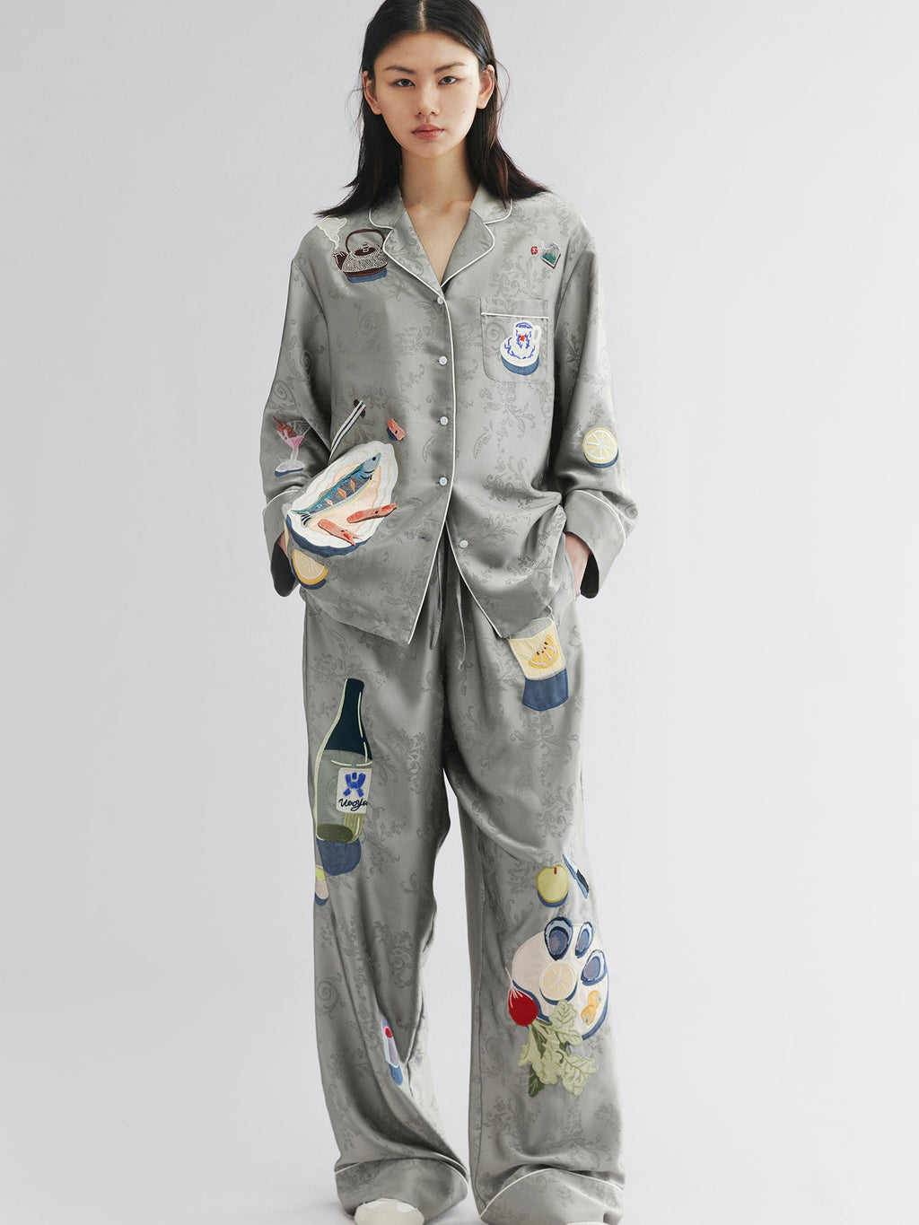 Seafood & tea graphic pajama-style shirt