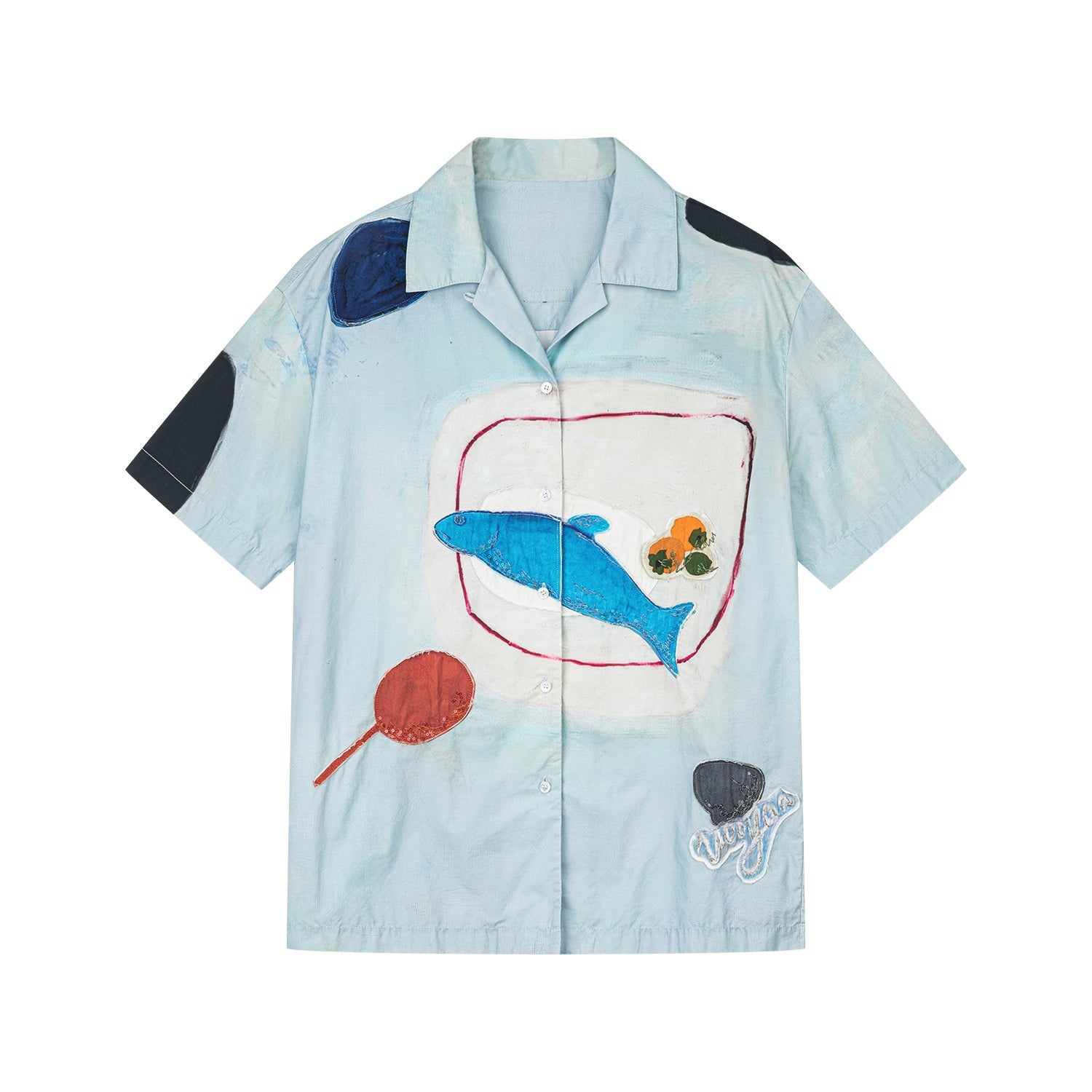 Hand-drawn fish-on-plate graphic shirt
