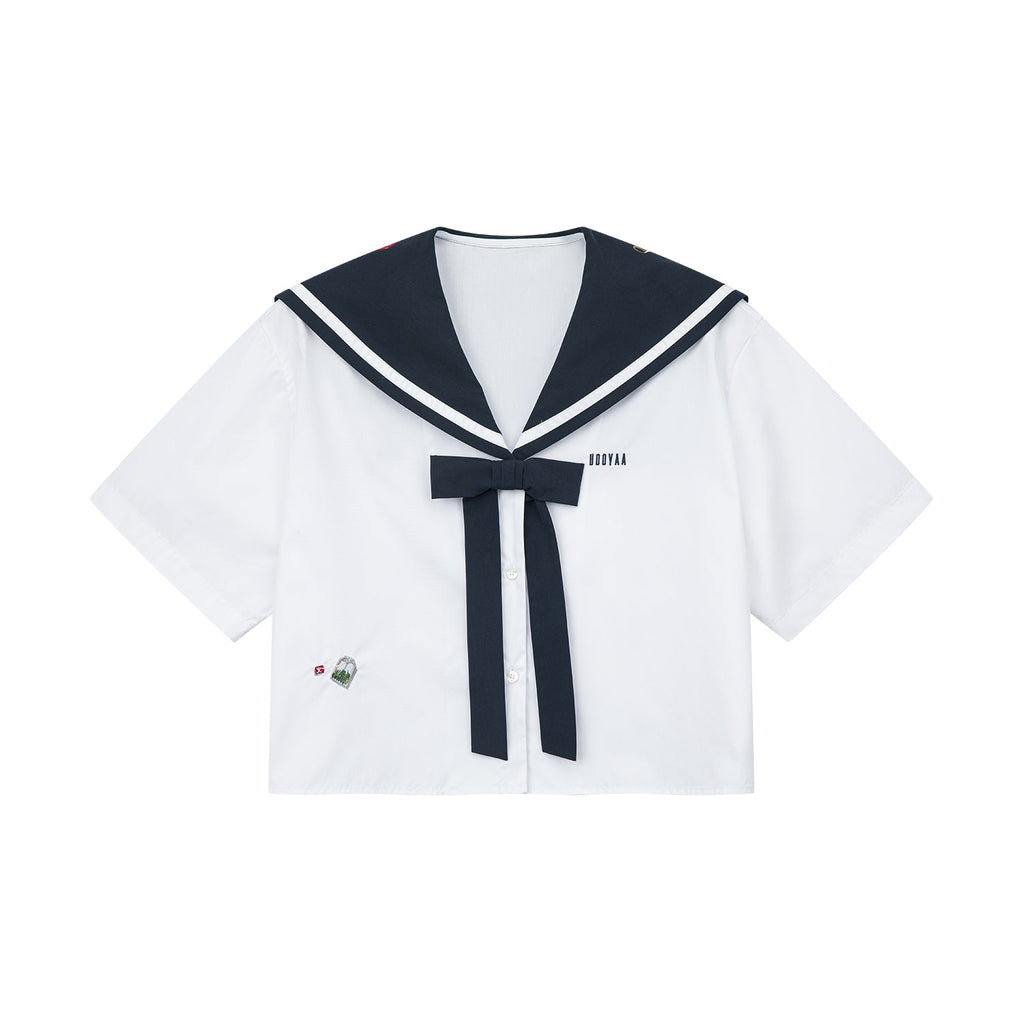 Fish & wine graphic sailor-collar shirt