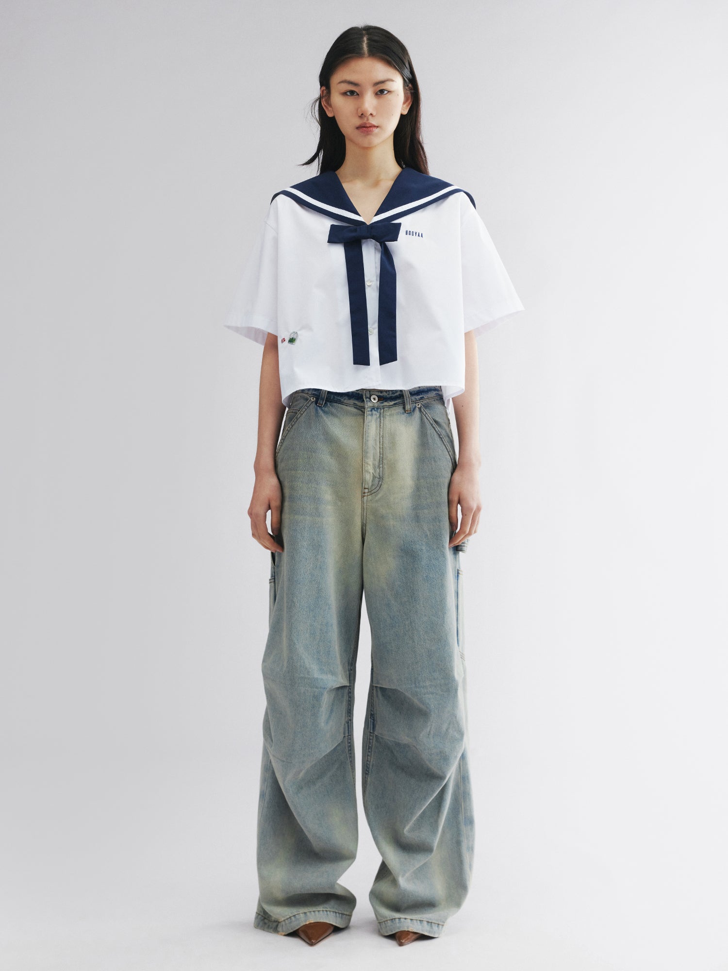 Fish & wine graphic sailor-collar shirt