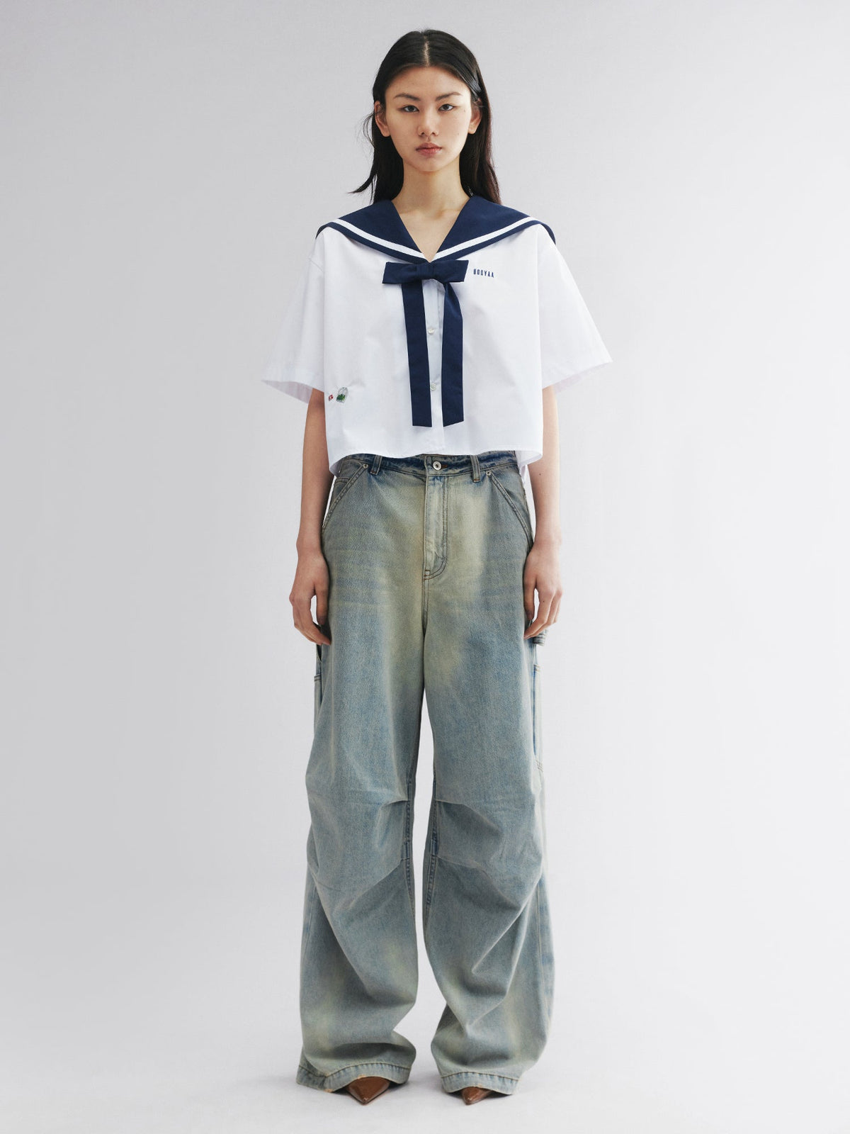 Fish & wine graphic sailor-collar shirt