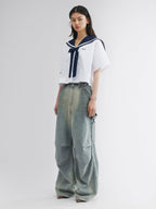 Fish & wine graphic sailor-collar shirt