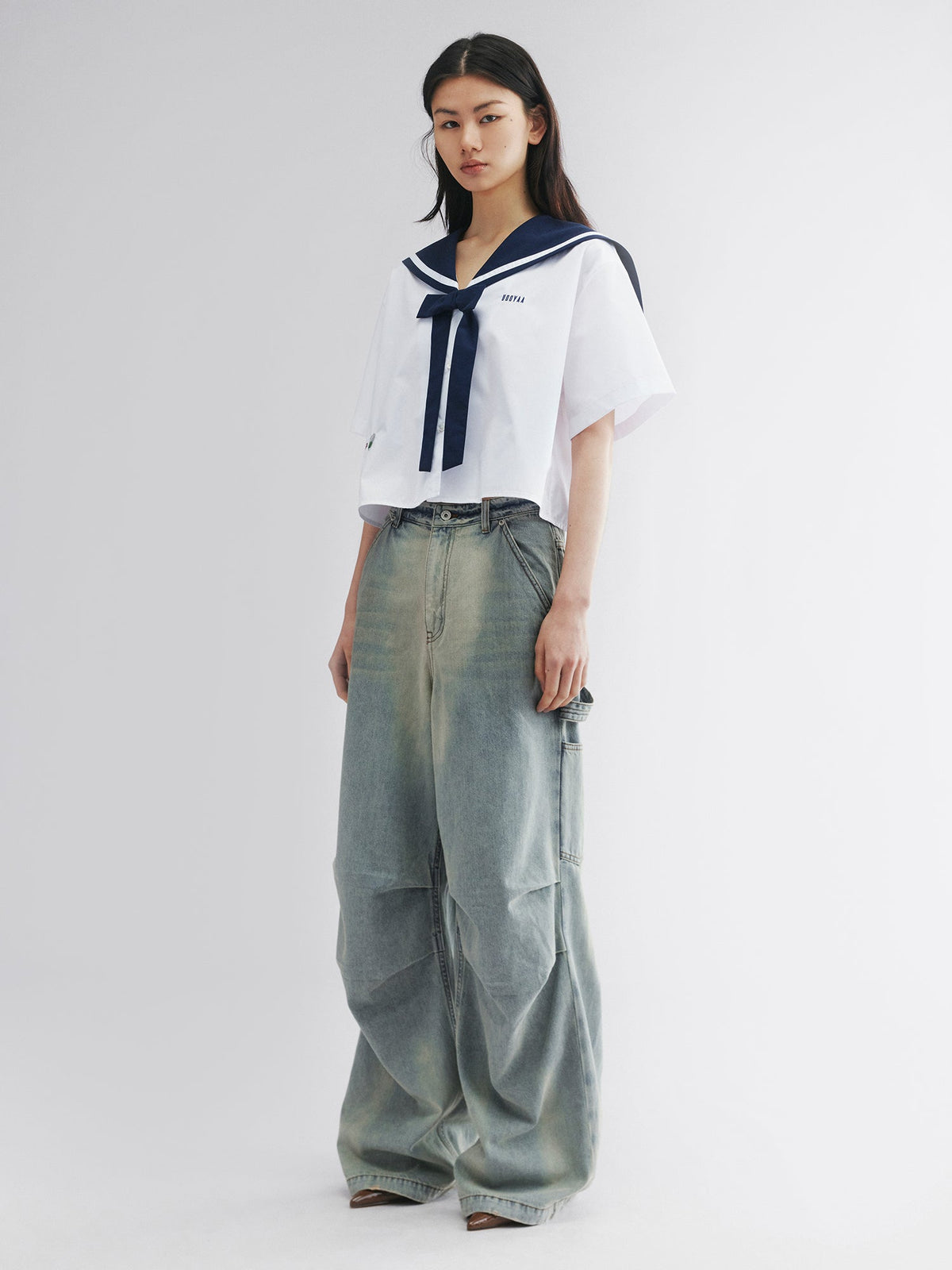 Fish & wine graphic sailor-collar shirt