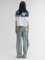 Fish & wine graphic sailor-collar shirt