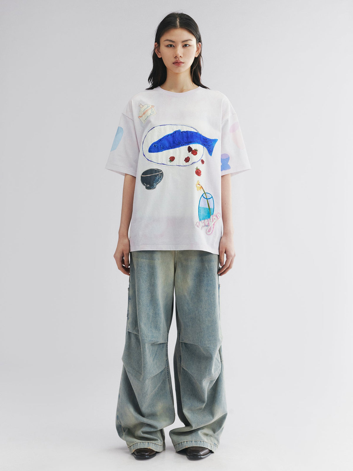 Hand-drawn fish-on-plate graphic tee