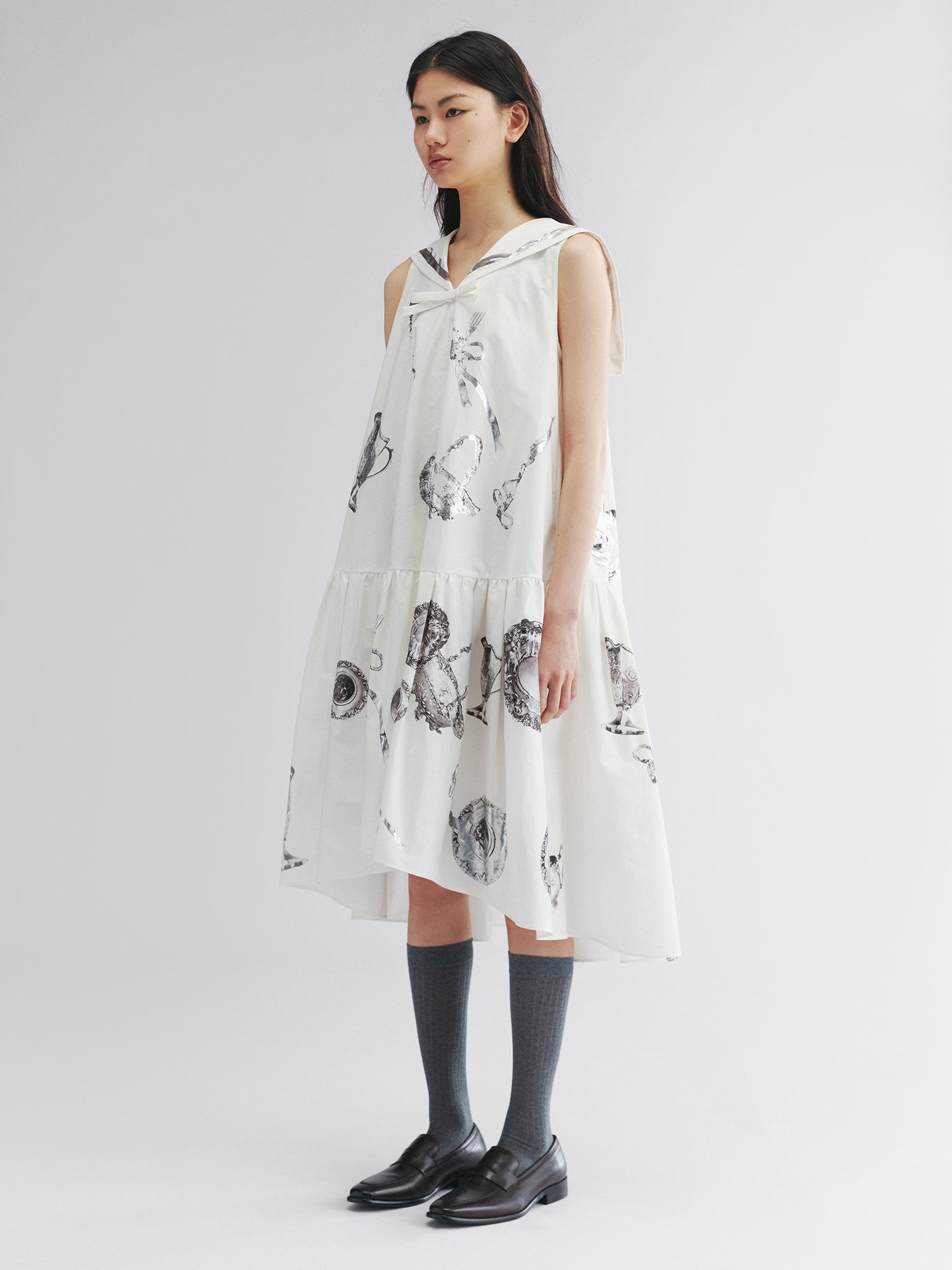 Sailor tank dress with cutlery motif and silver foil