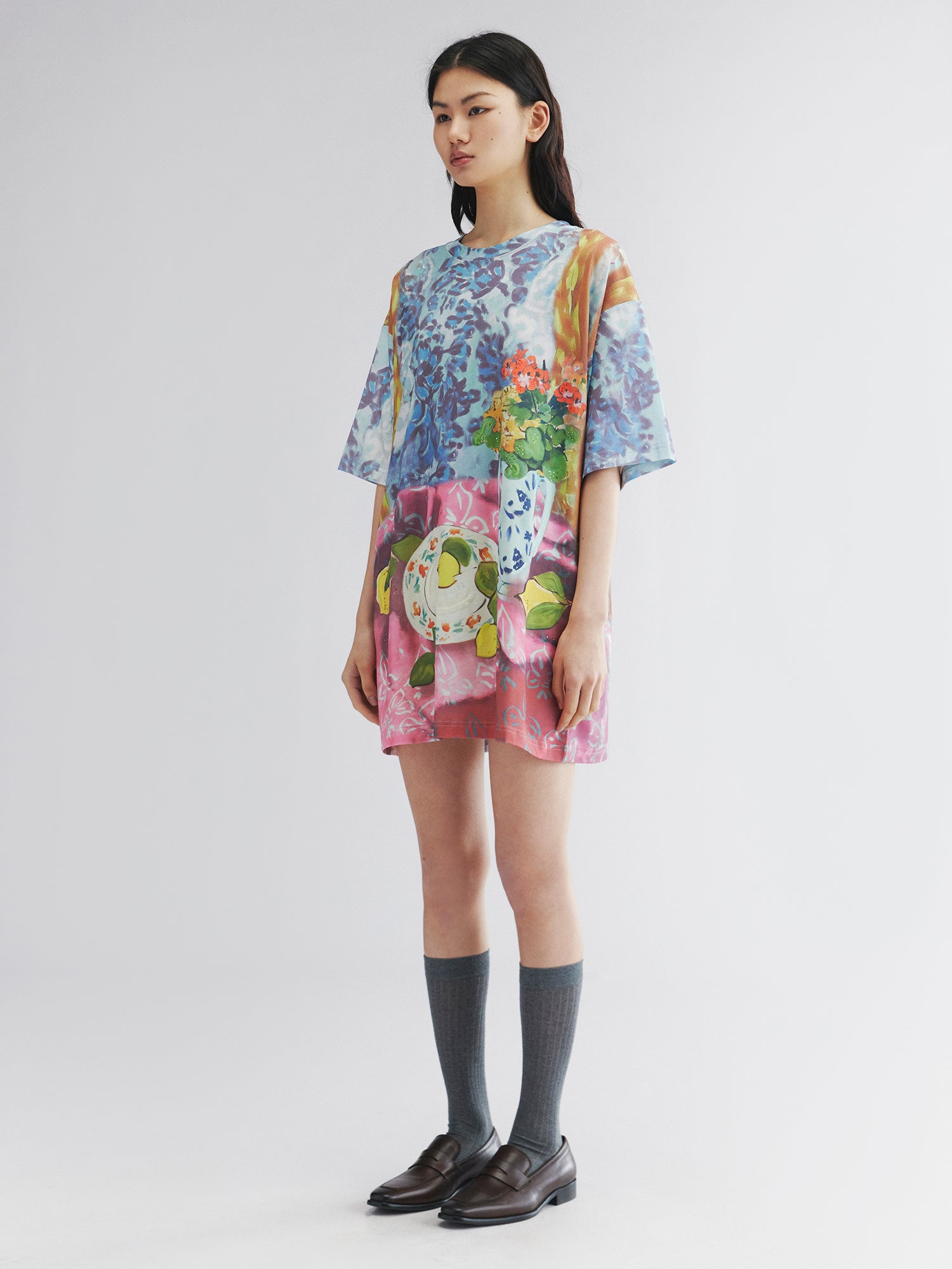 Oil painting floral fruit graphic tee dress