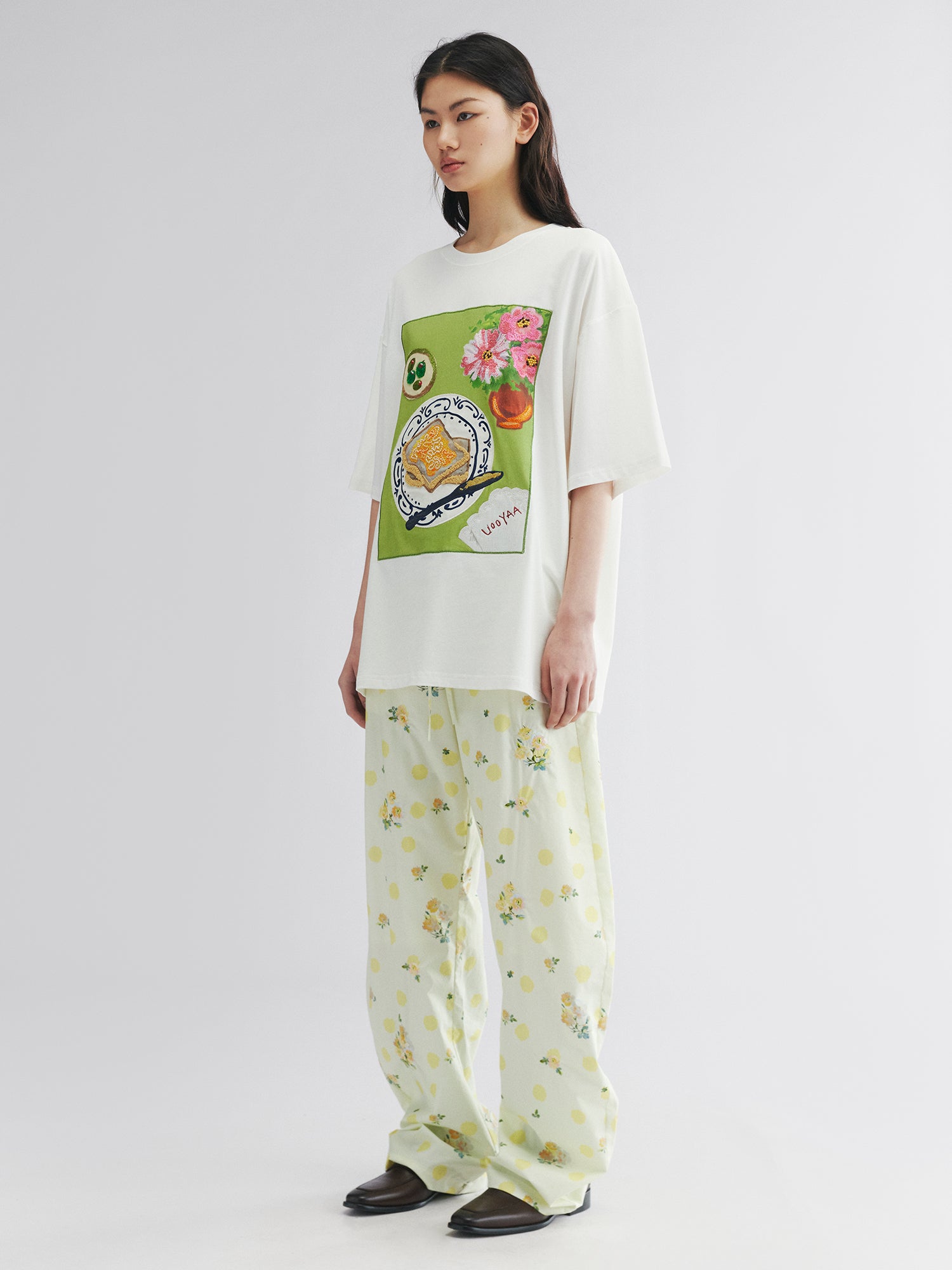Yellow floral print drawstring pants