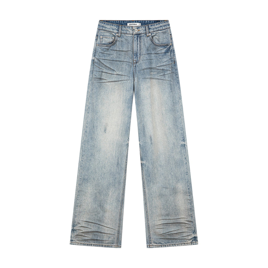 Whiskered crinkled denim pants