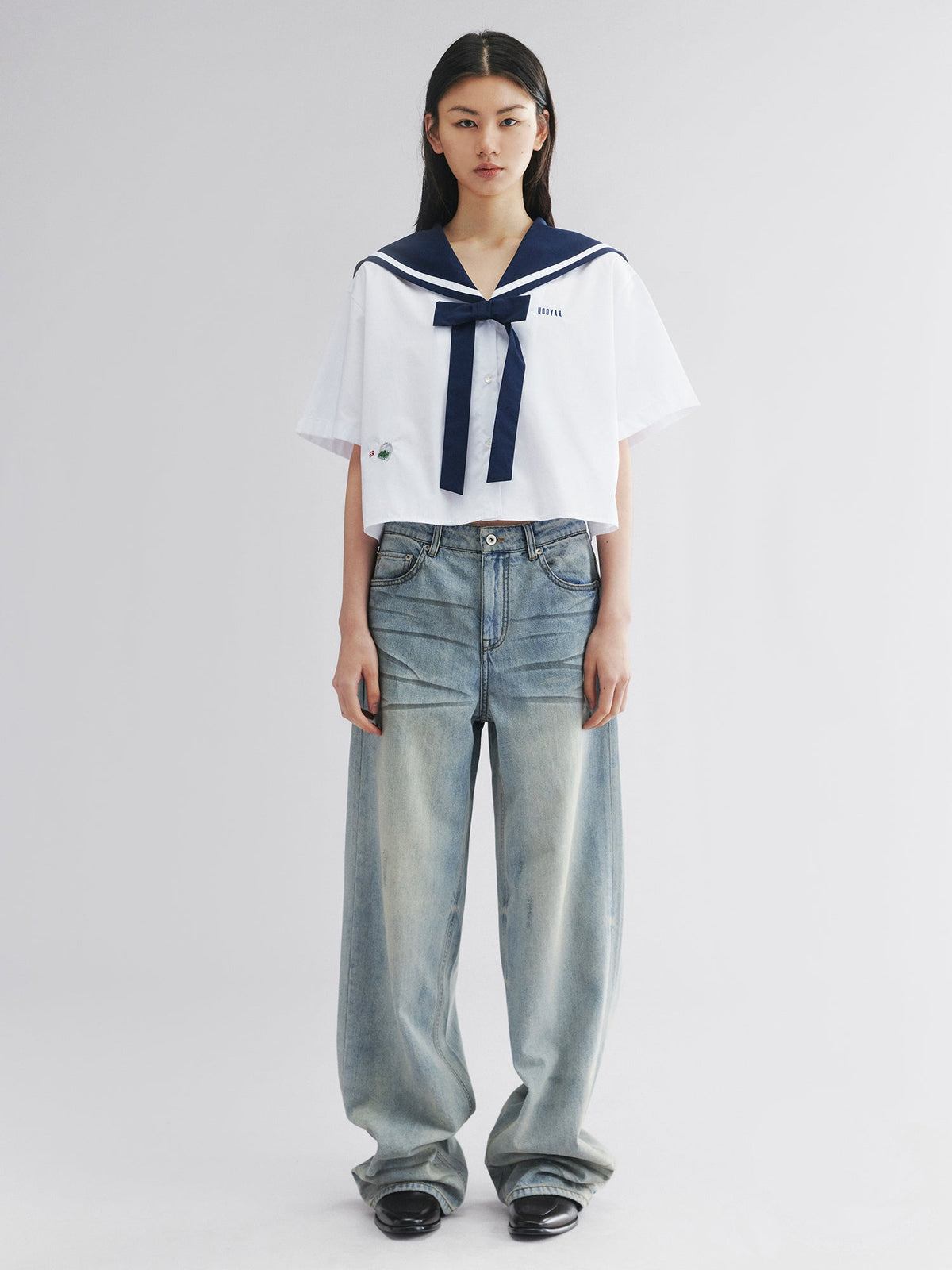 Whiskered crinkled denim pants