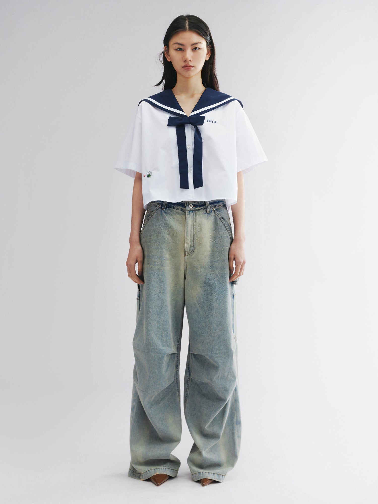 Washed denim parachute pants