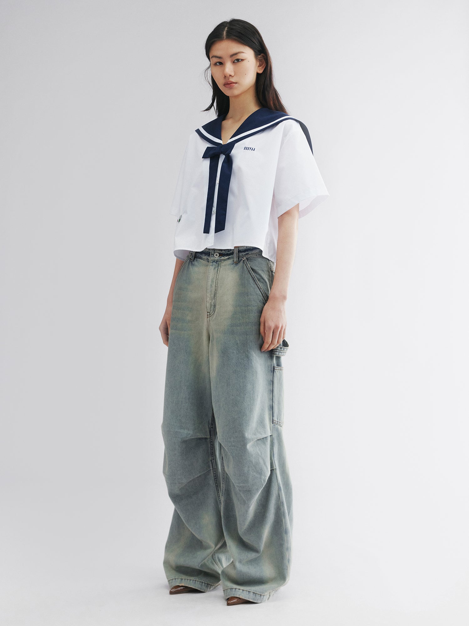 Washed denim parachute pants