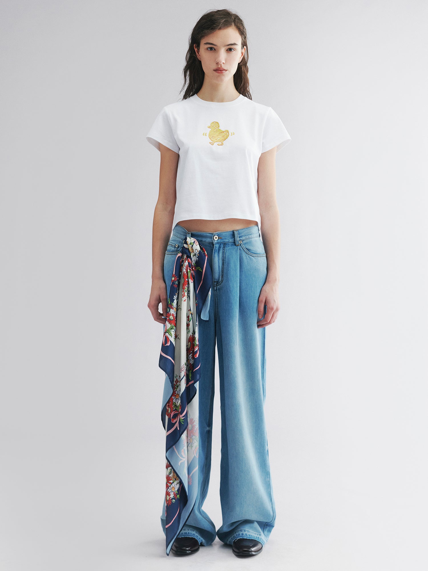 Scarf-tied floral denim