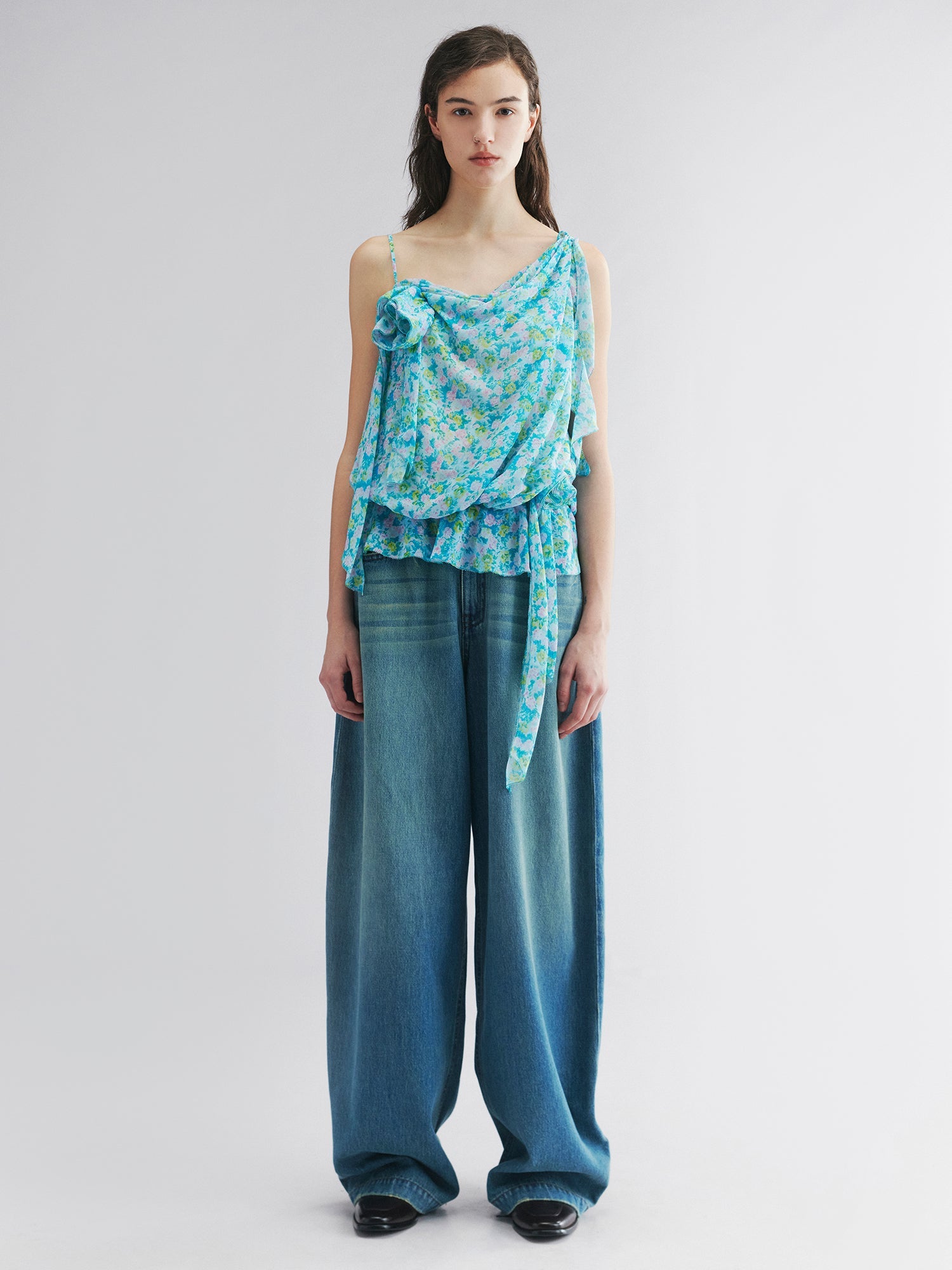 Asymmetrical floral chiffon cami