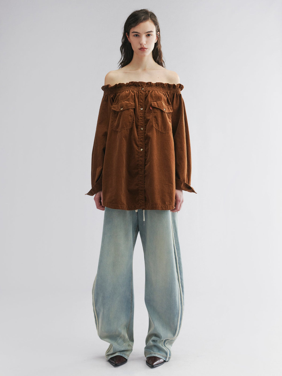 Off-shoulder utility shirt