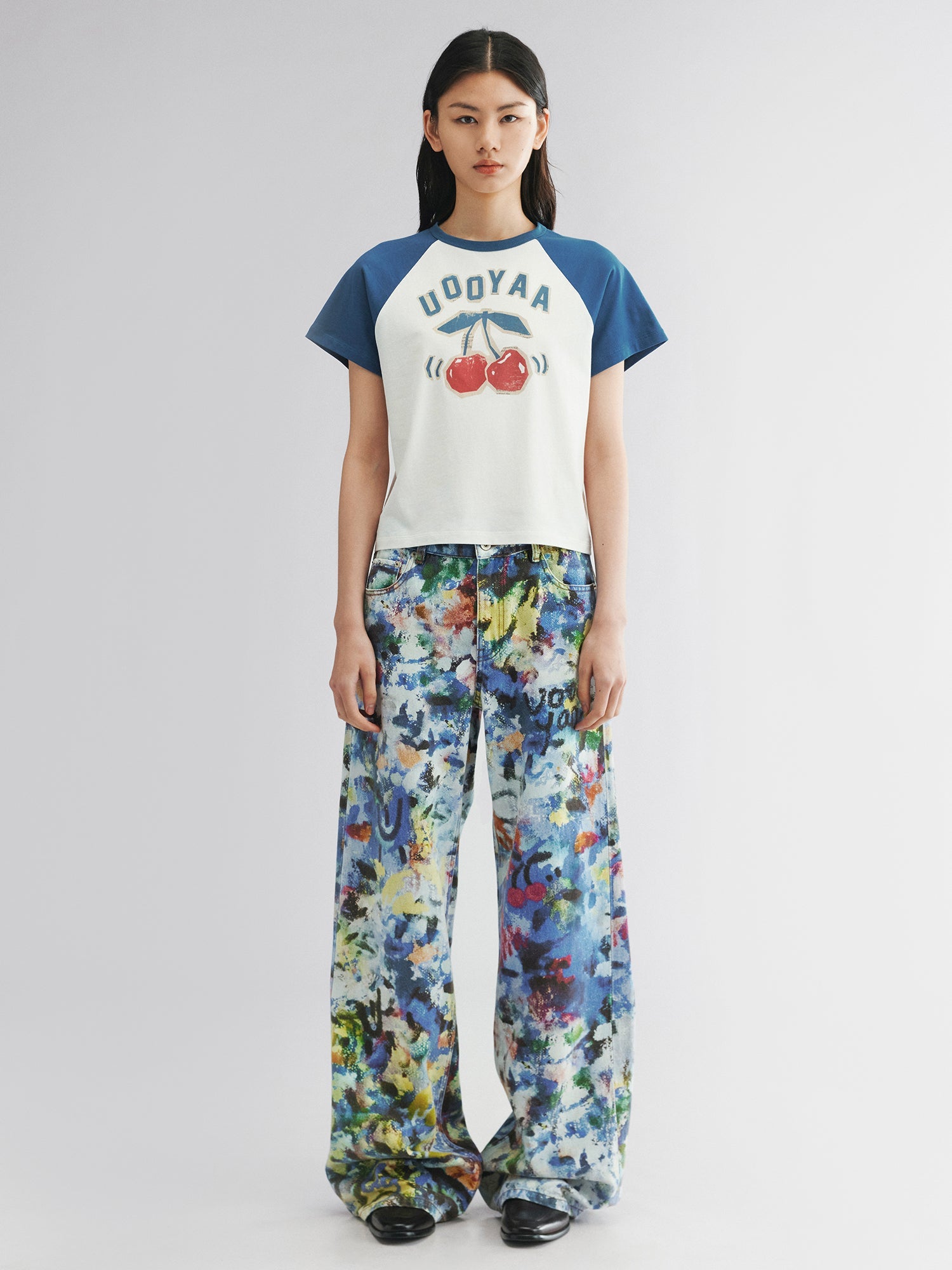 Raglan sleeve tee with dynamic cherry print