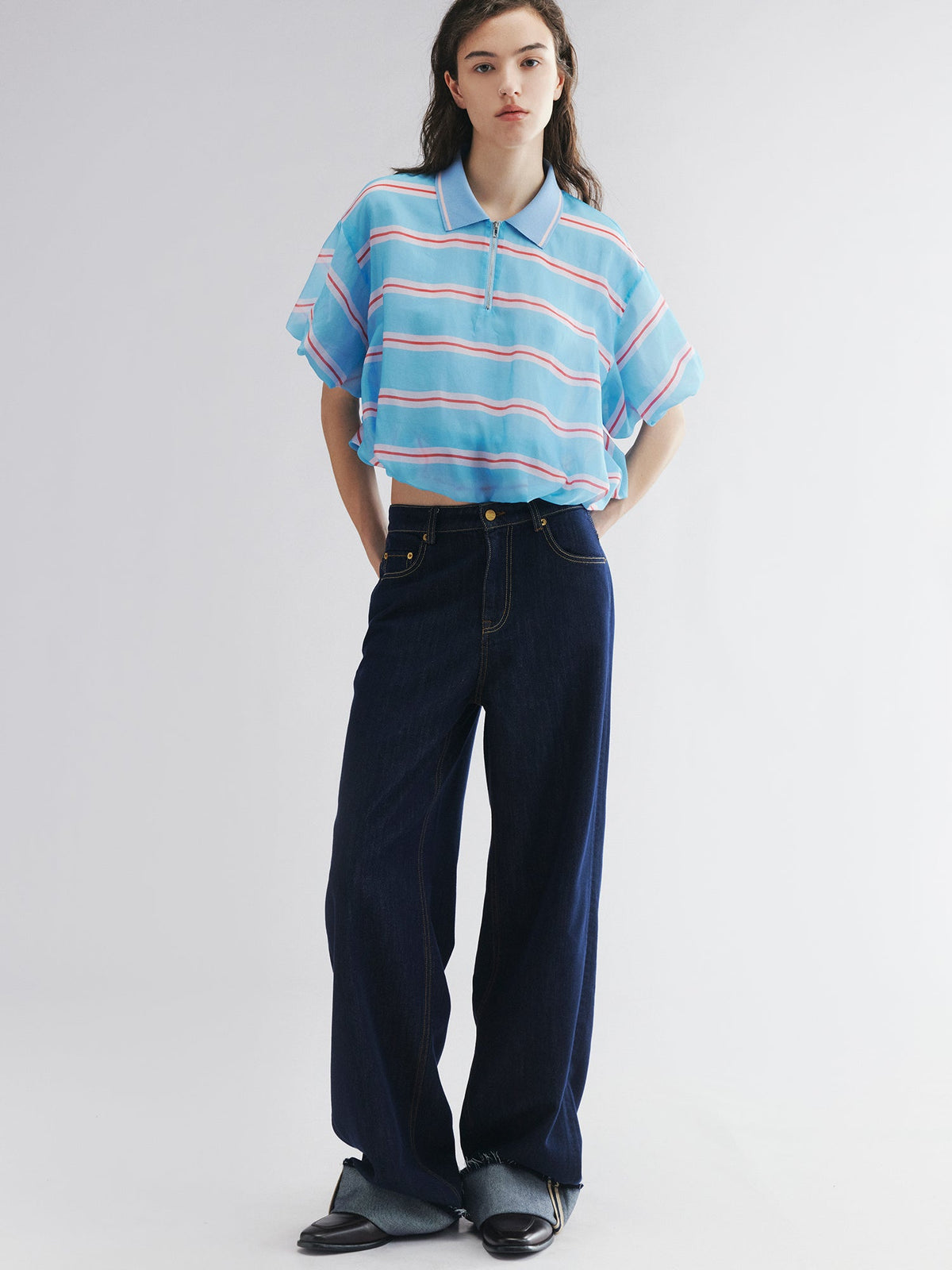Metallic-threaded denim