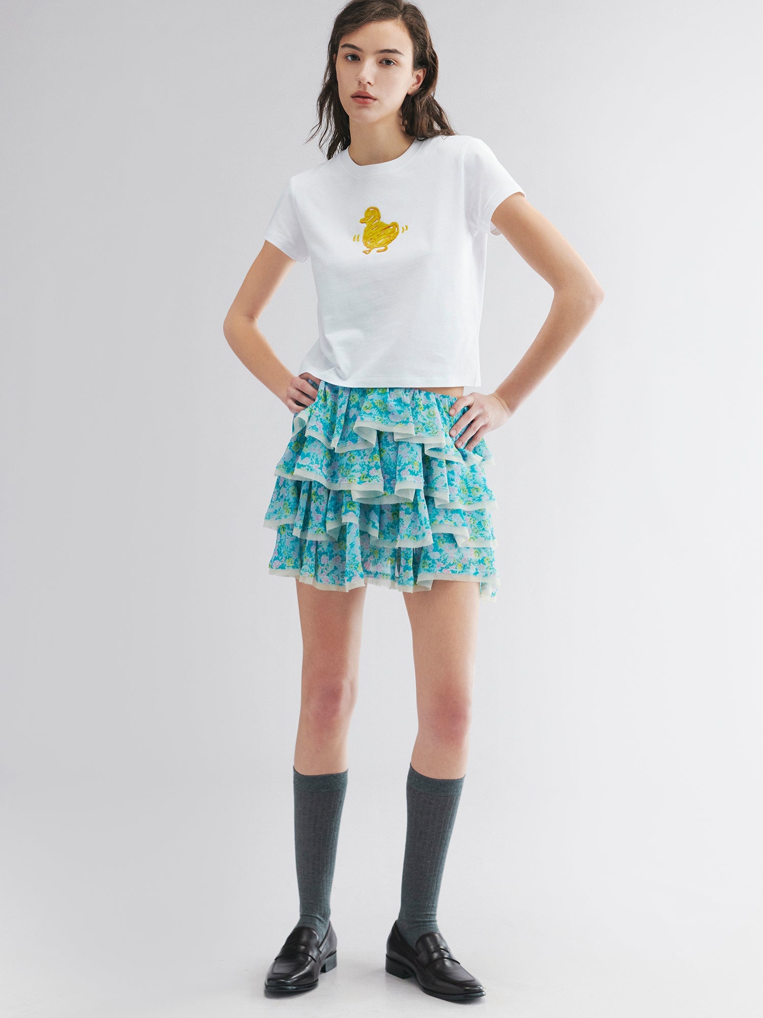 Watercolor floral tiered skirt