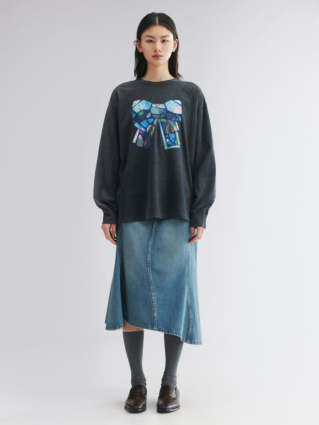 Patchwork bow long sleeve tee