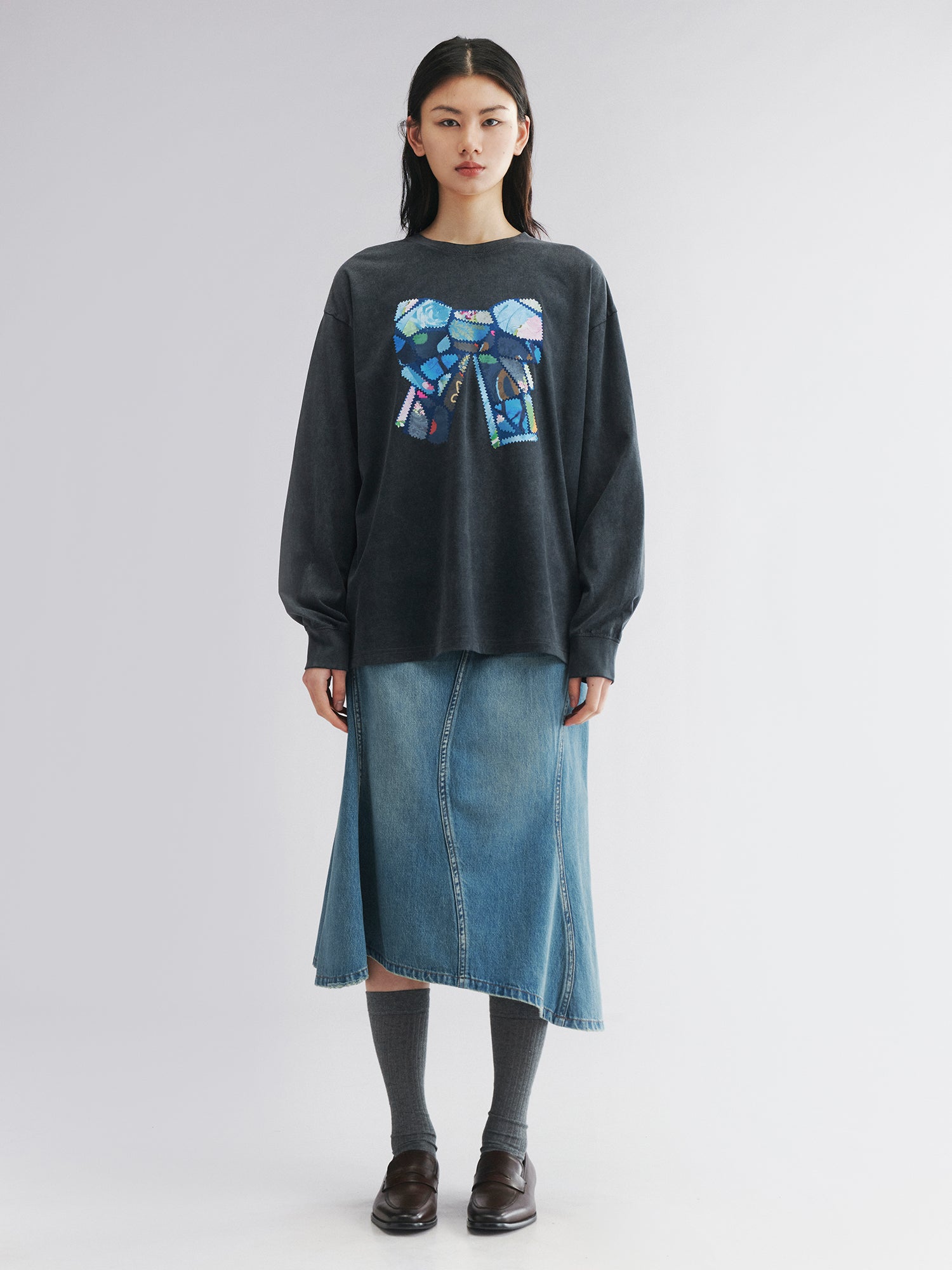 Patchwork bow long sleeve tee