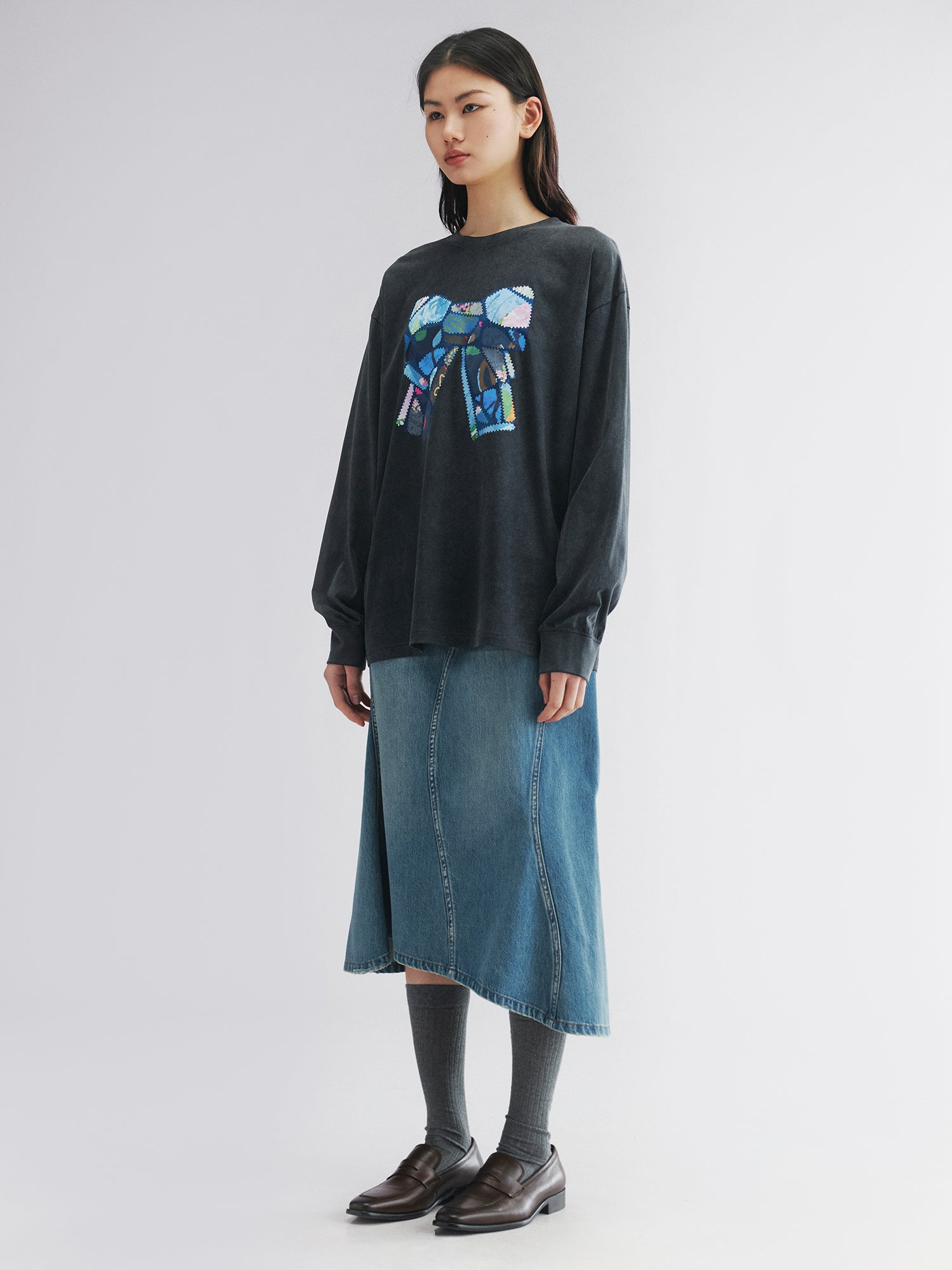 Patchwork bow long sleeve tee