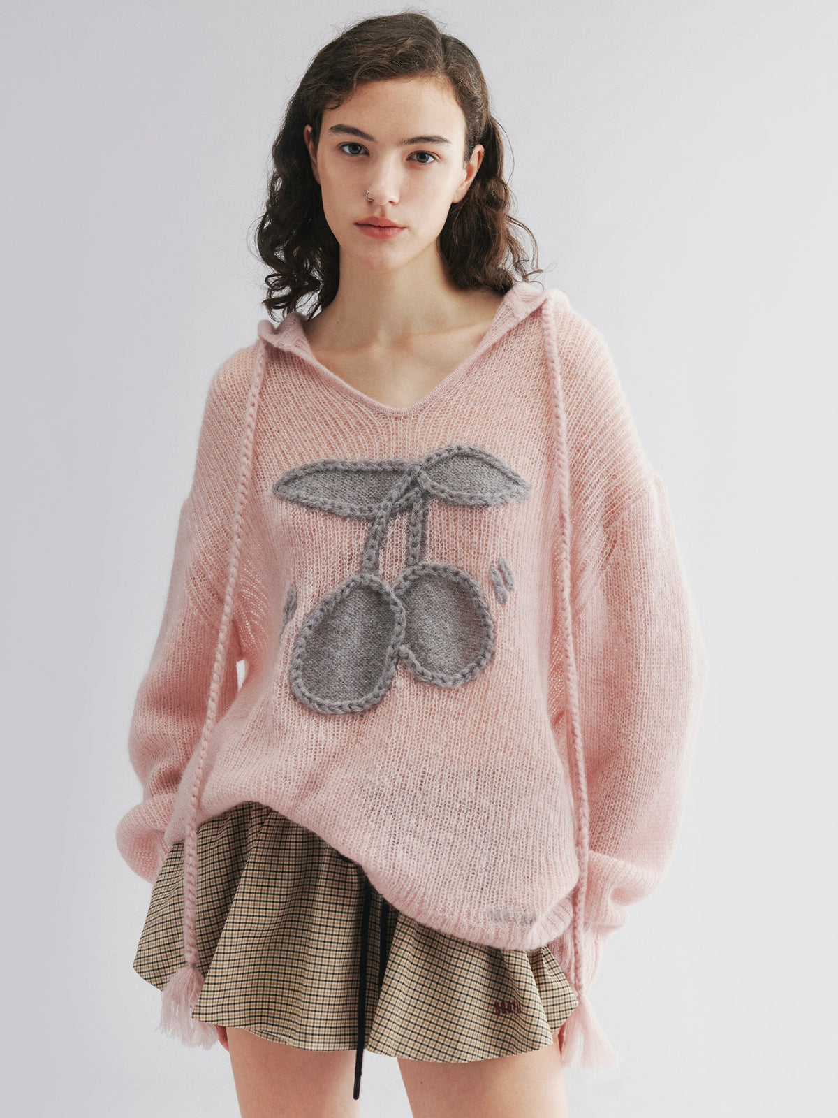 Hooded pullover knit with cherry print