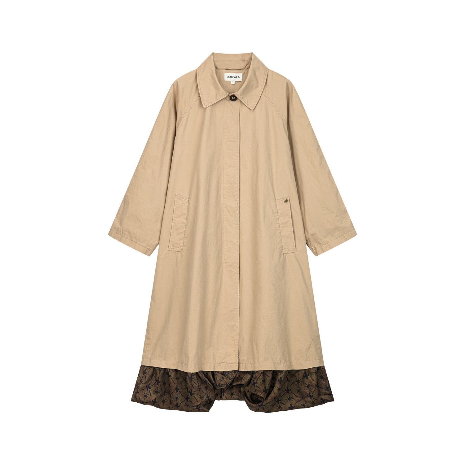 Exposed-lining balmacaan trench coat
