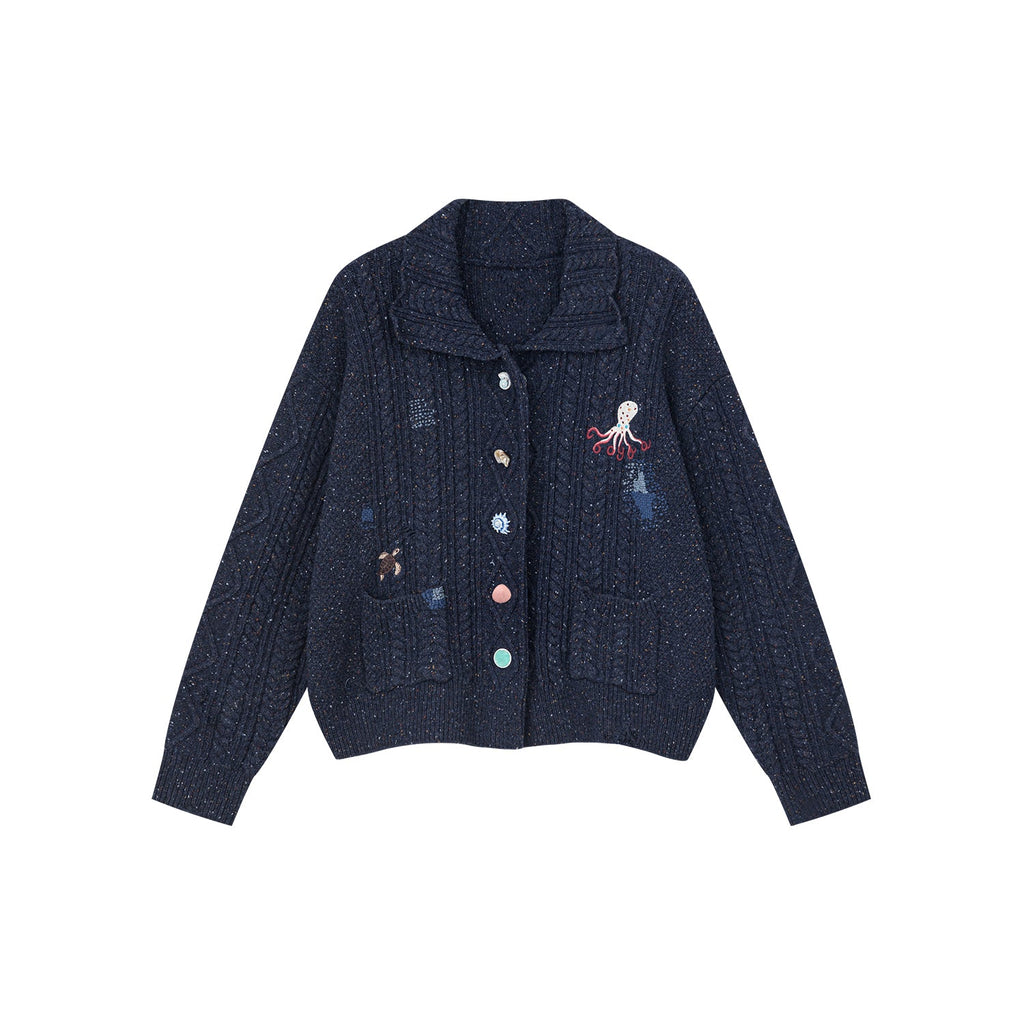 Cable knit collar cardigan