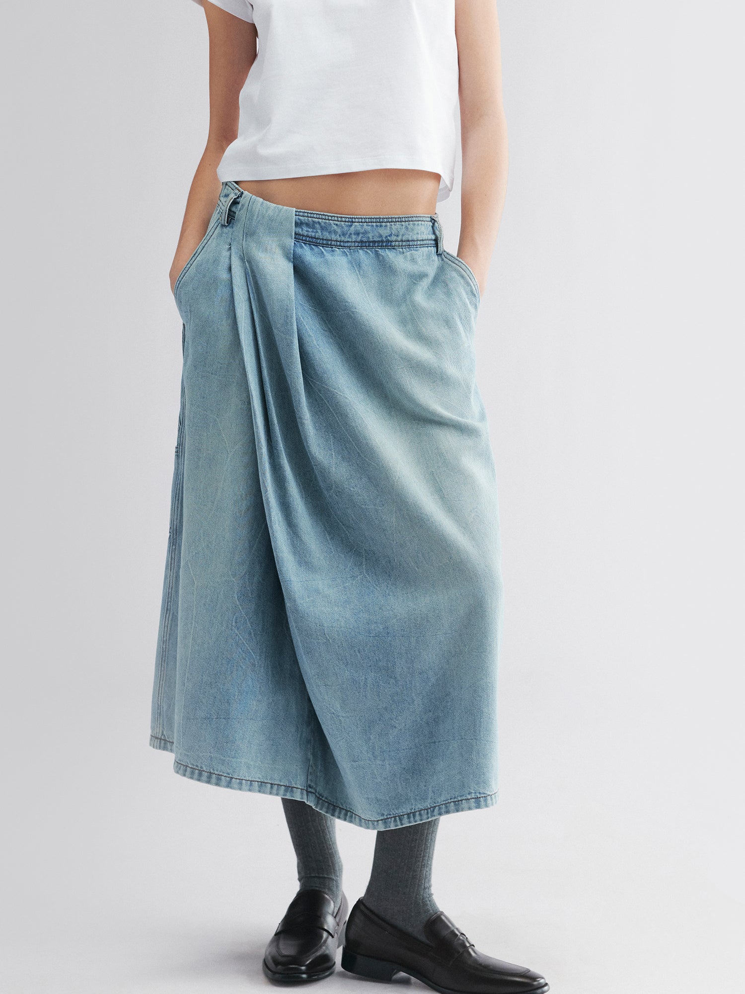Wrap-effect denim skirt