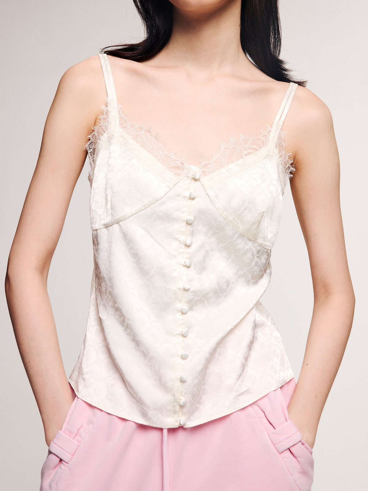 Jacquard camisole with lace trim