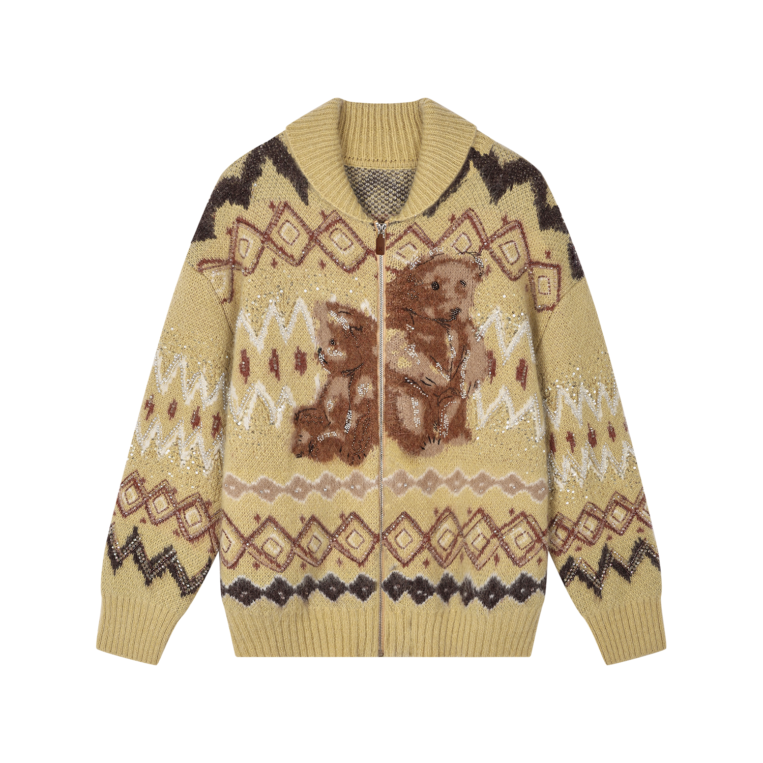 Sad bear fair isle sled-neck cardigan