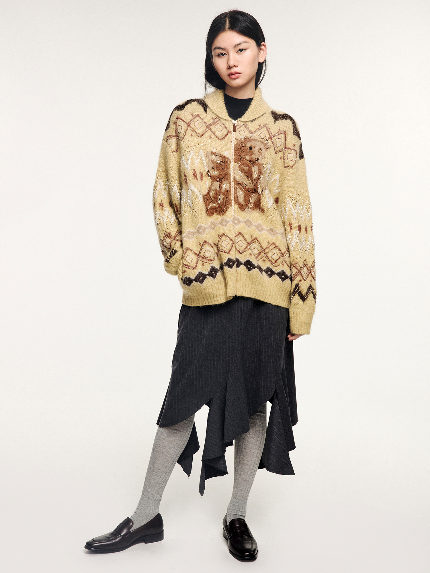 Sad bear fair isle sled-neck cardigan