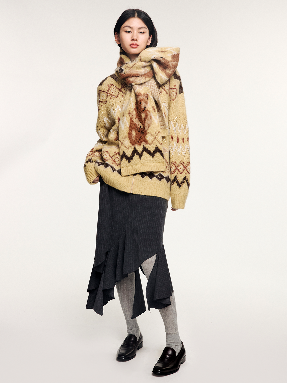 Sad bear fair isle sled-neck cardigan