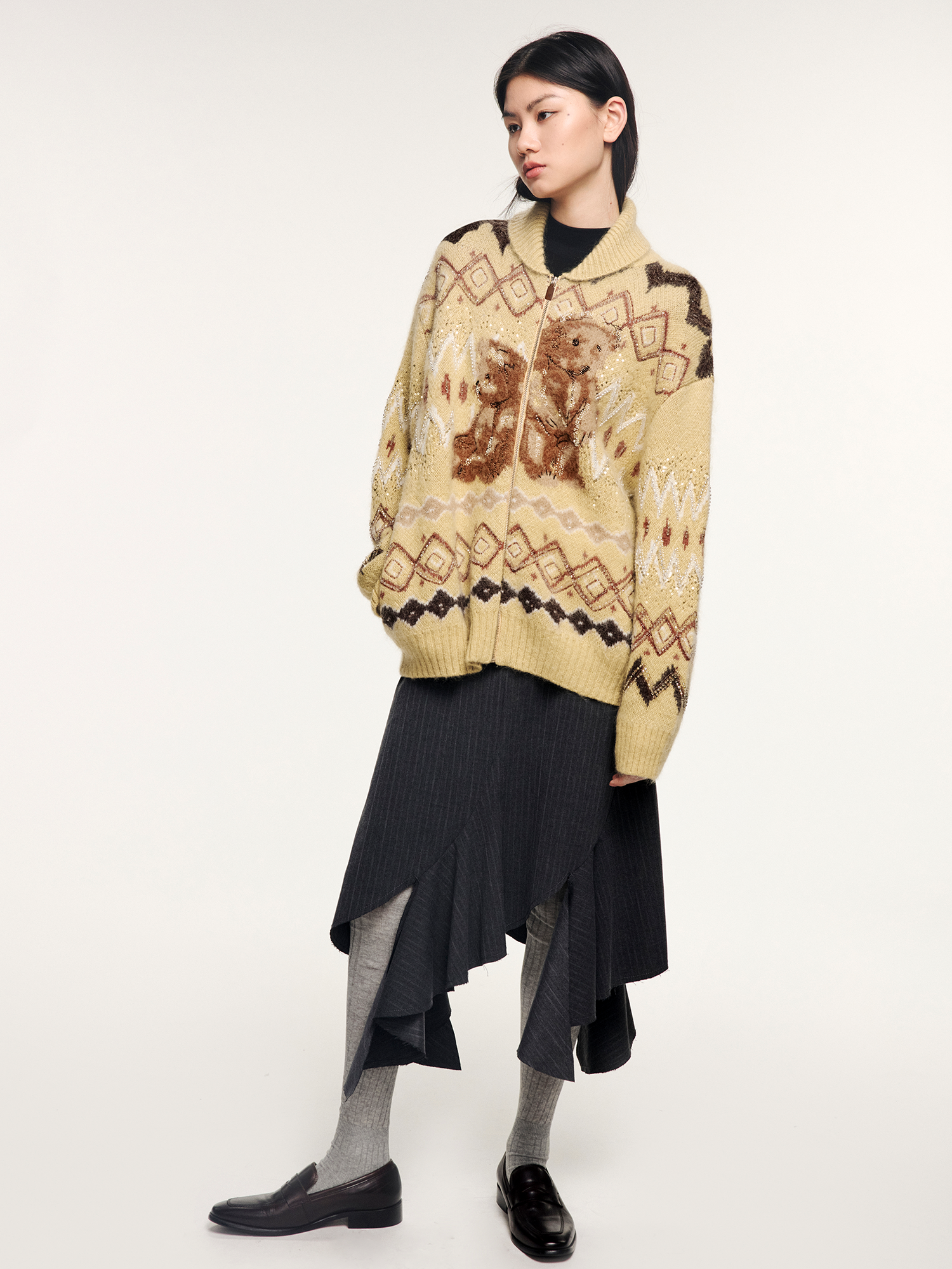 Sad bear fair isle sled-neck cardigan