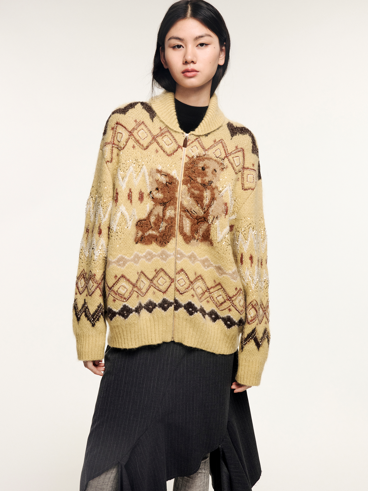 Sad bear fair isle sled-neck cardigan