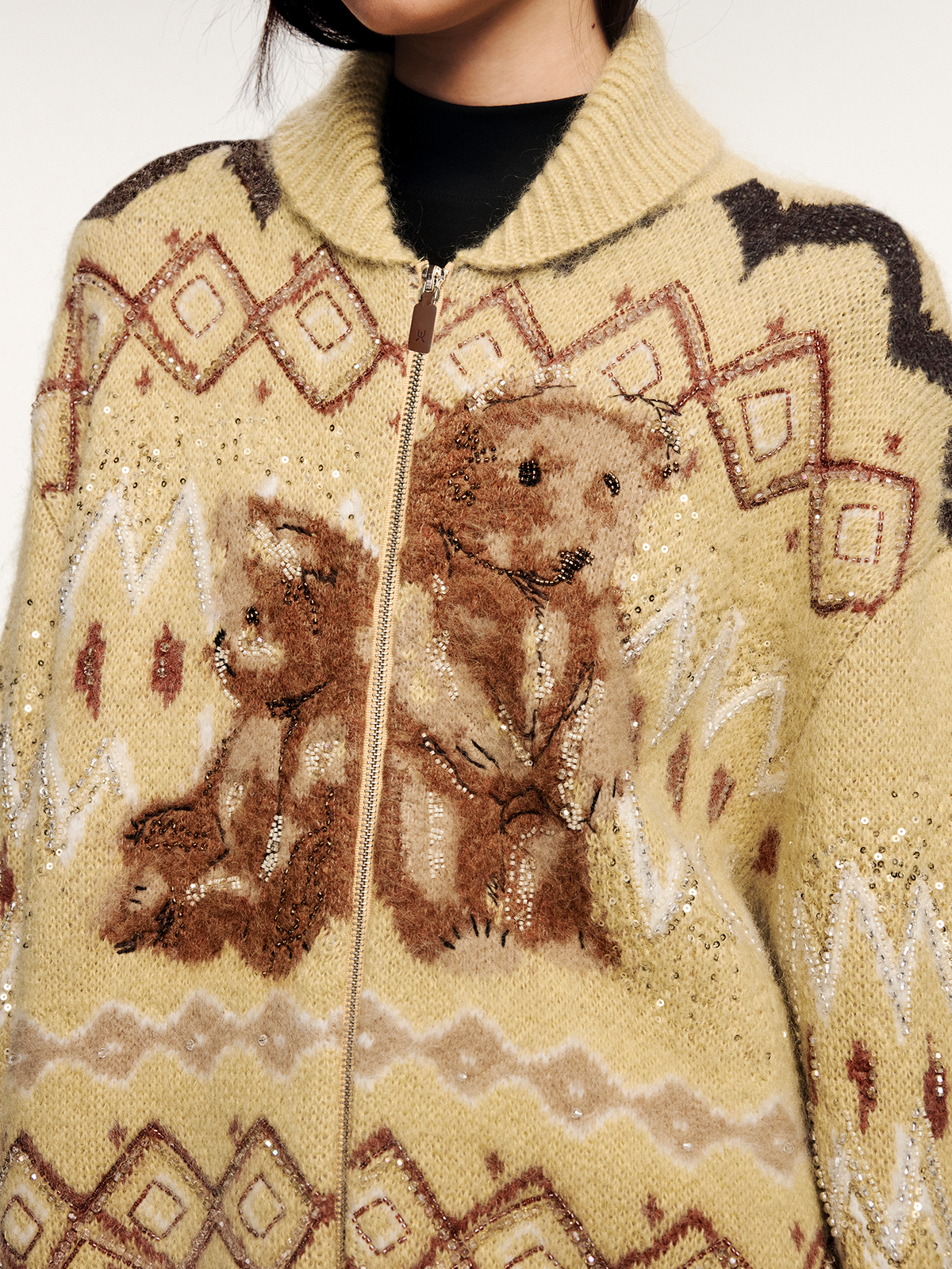 Sad bear fair isle sled-neck cardigan