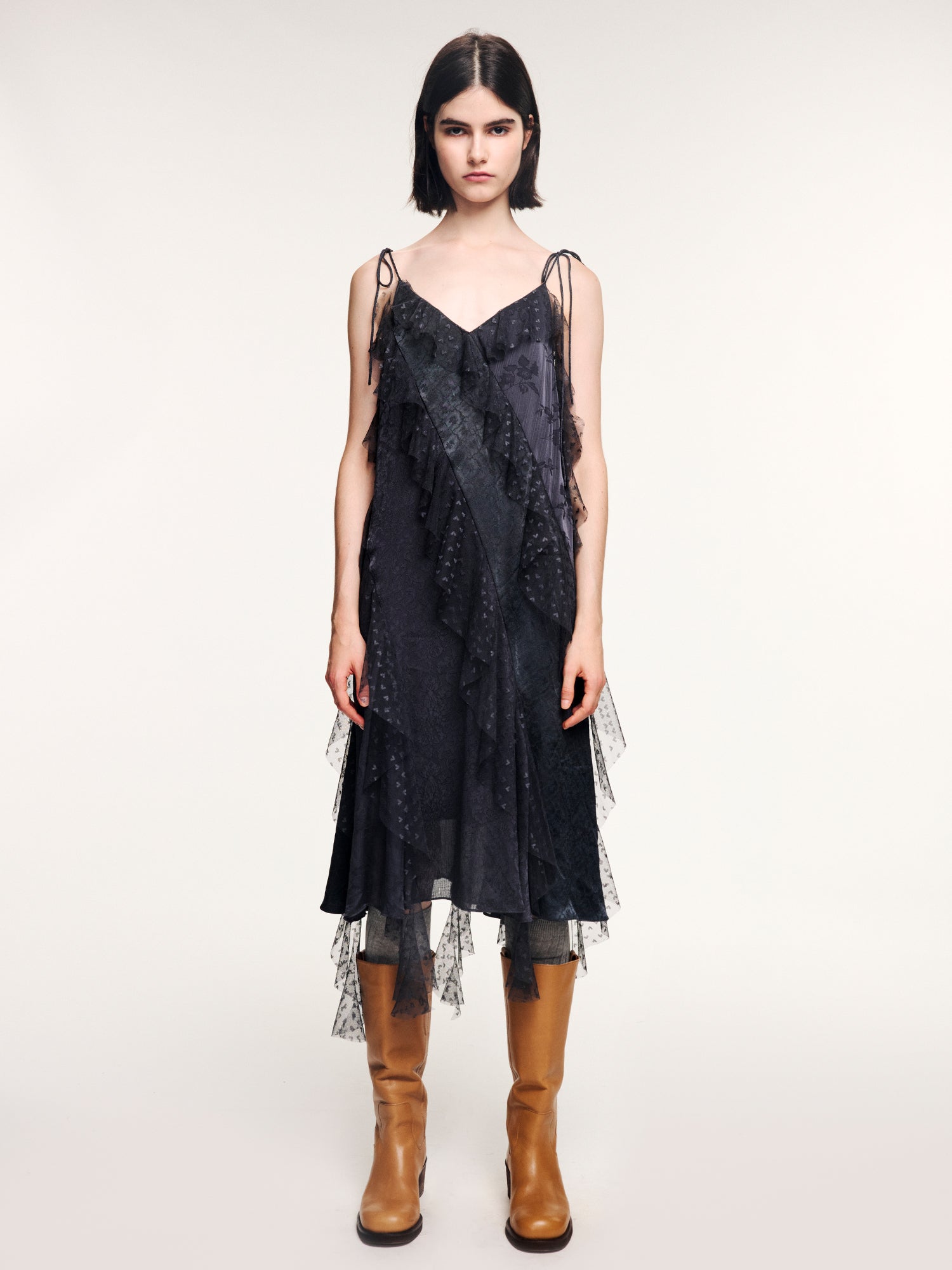 Lace ruffle jacquard slip dress