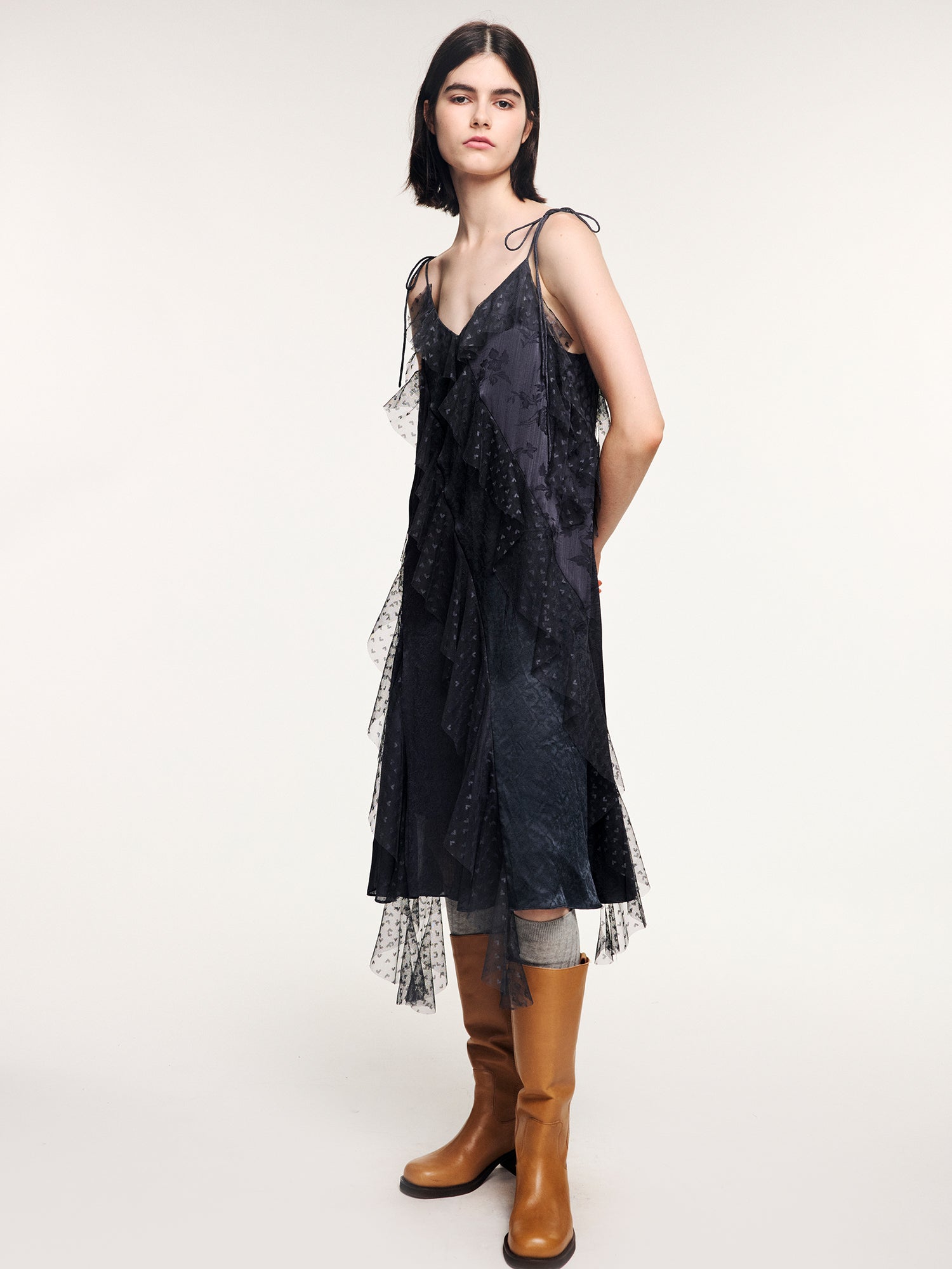 Lace ruffle jacquard slip dress