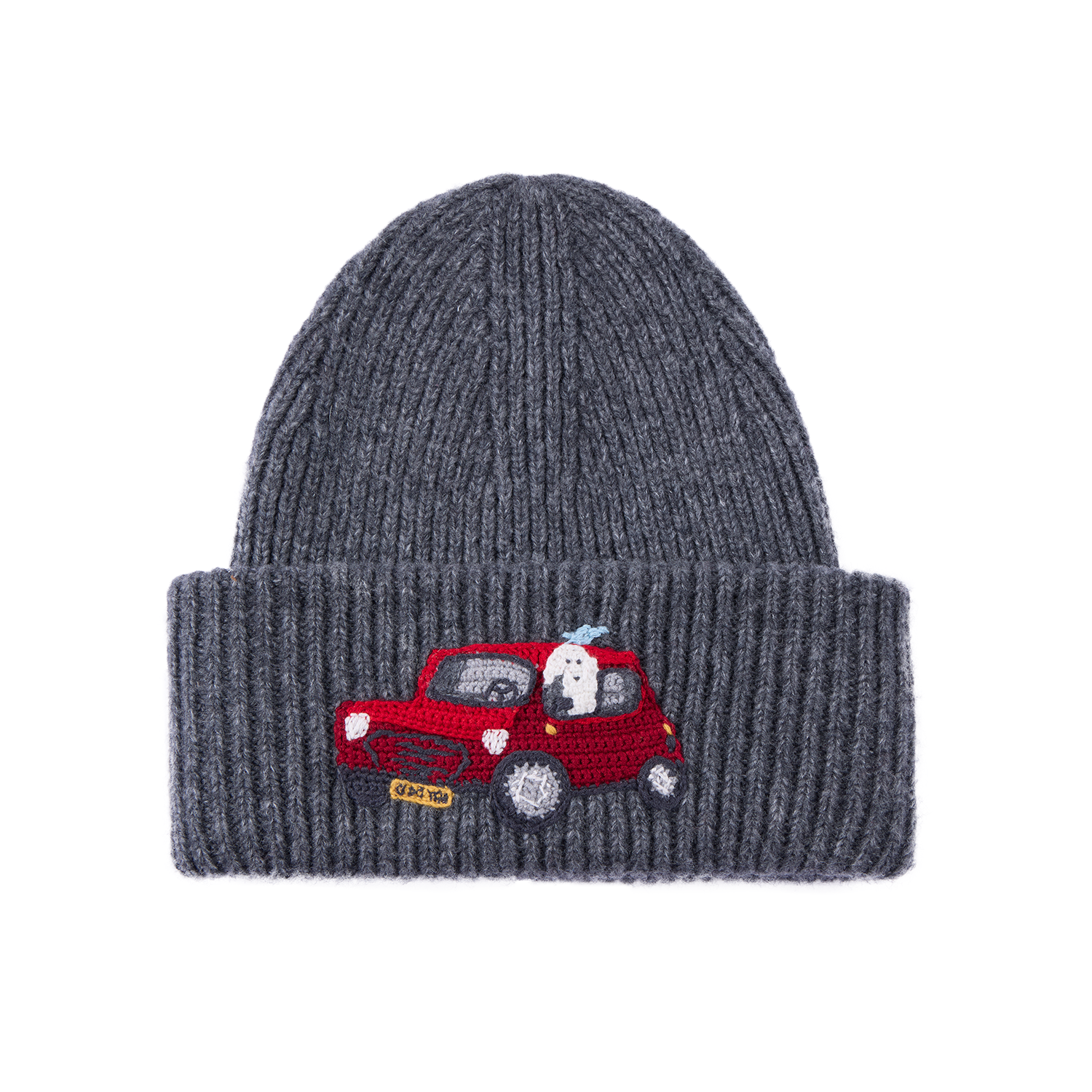 Tencel wool beanie with traveling puppy motif