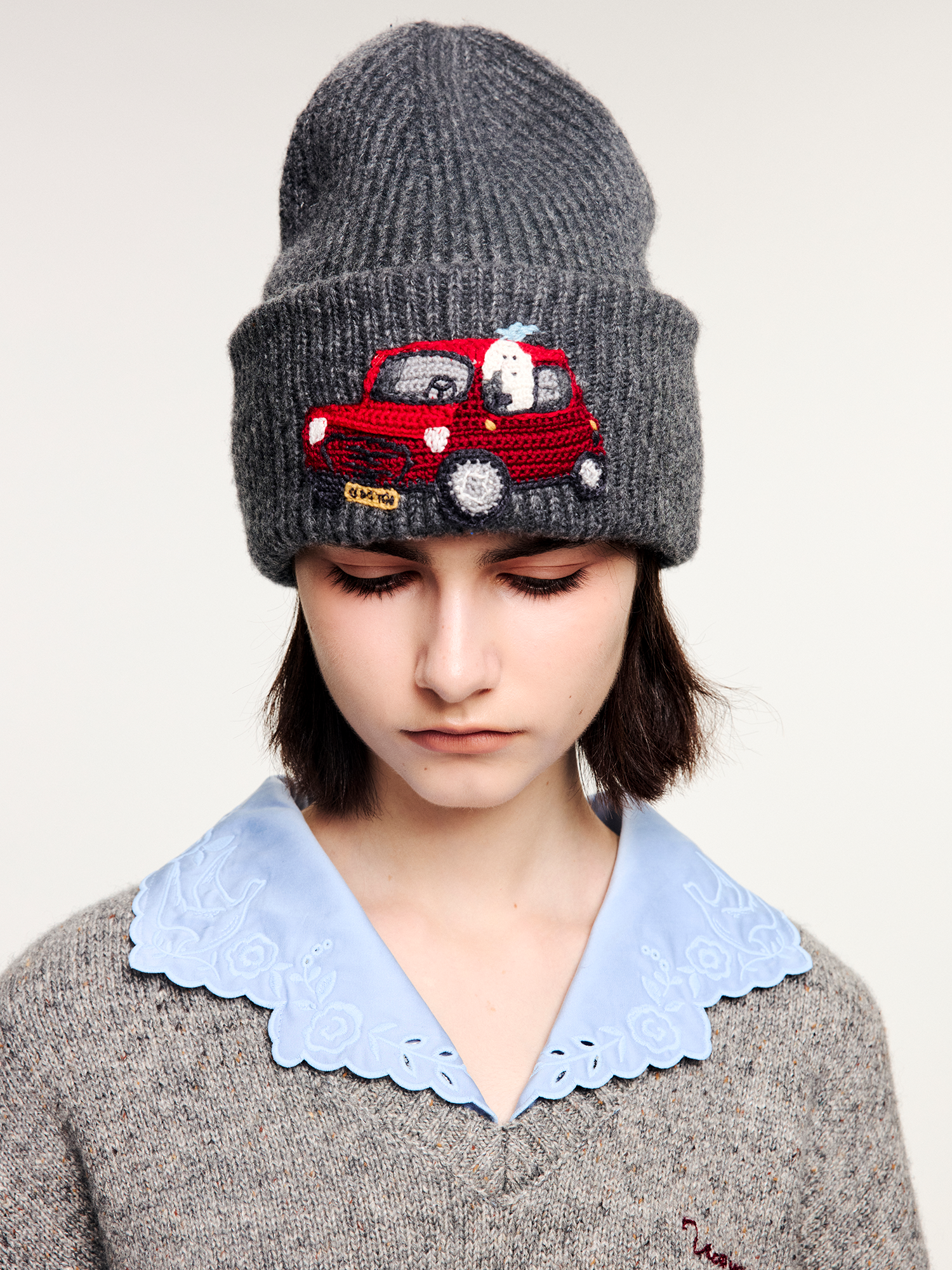 Tencel wool beanie with traveling puppy motif