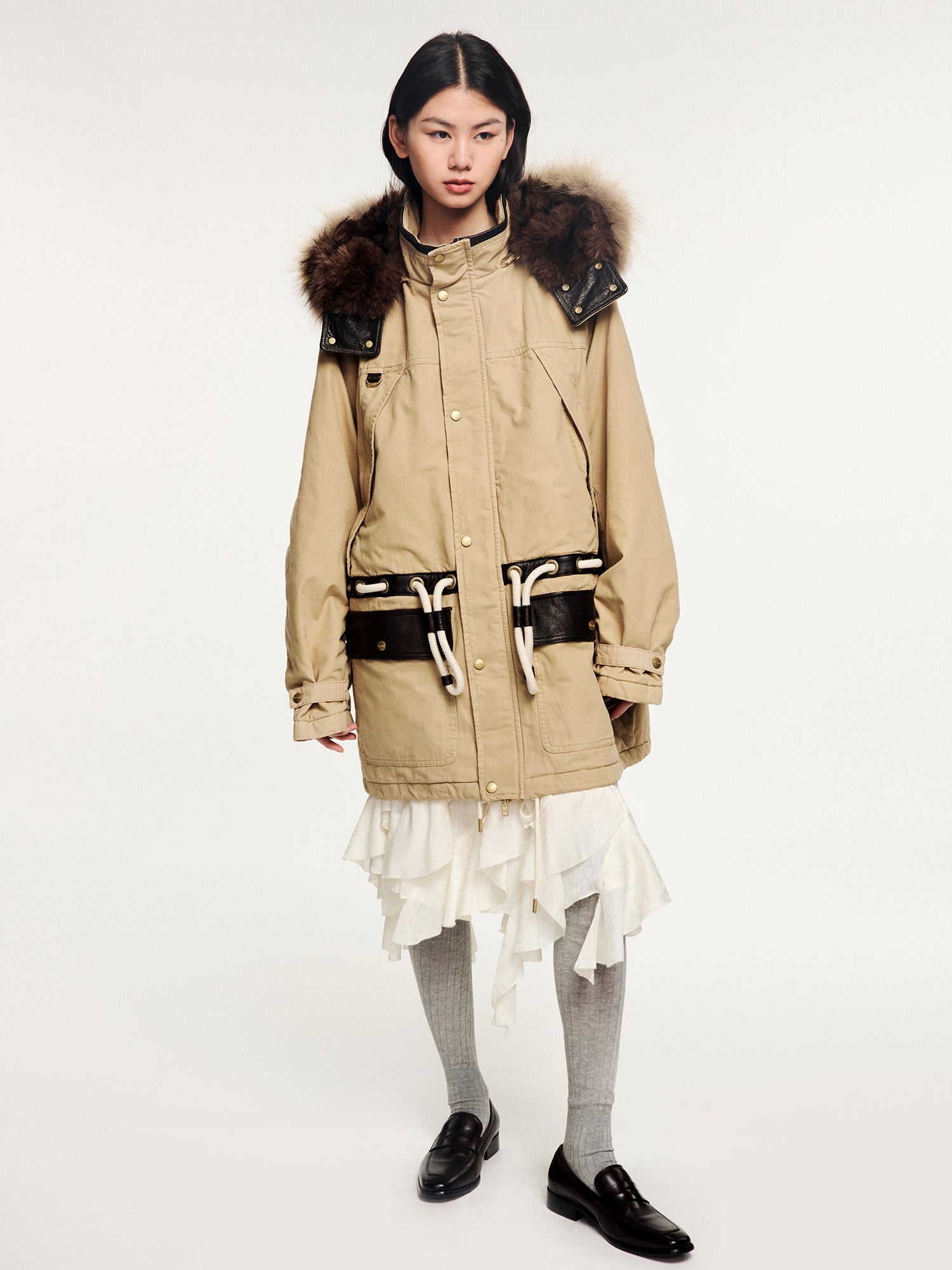 Fur-trim parka cotton jacket