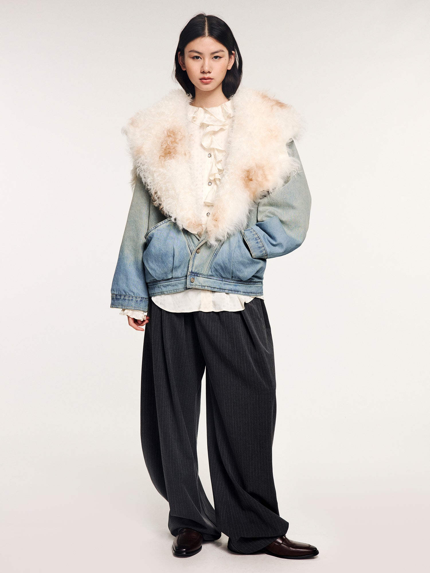 Denim bomber jacket with toscana shearling